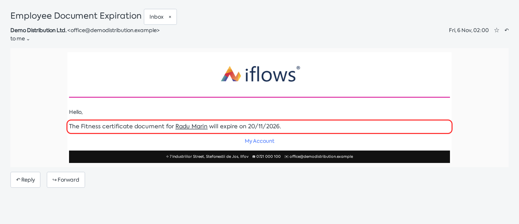 Email received by recipients; the employee's name is a link to their file.