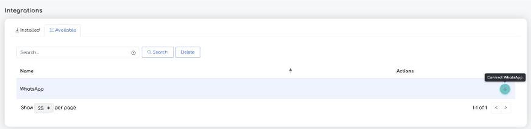 The Available tab in iFlows Integrations, with the Connect WhatsApp button on the WhatsApp row