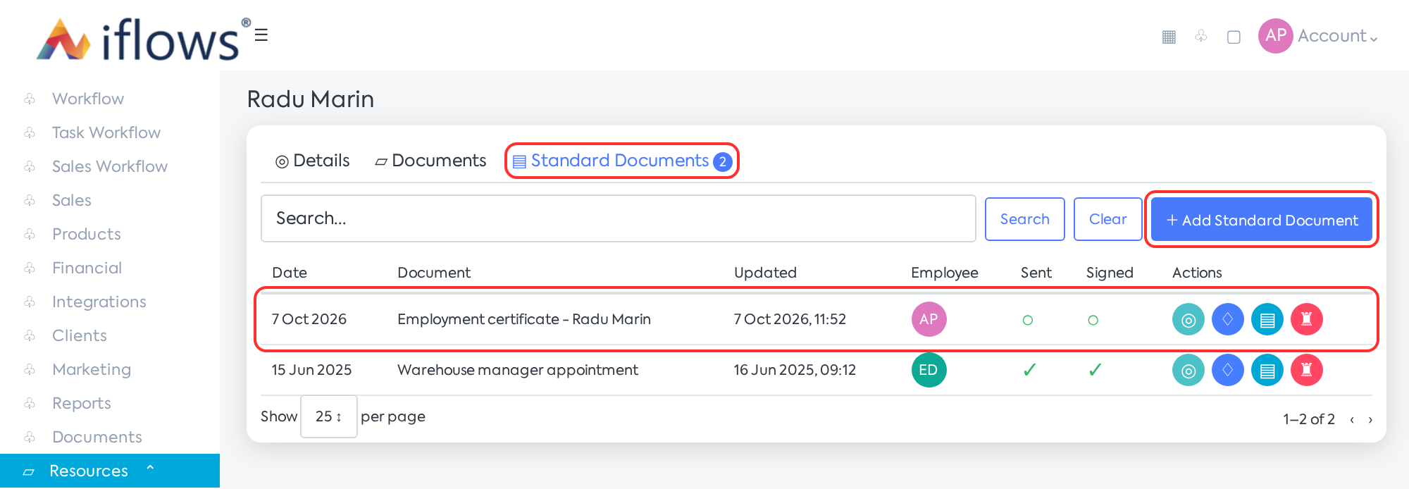 The saved certificate appears in the employee's Standard Documents tab.
