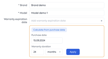 Title: The field on the equipment file, with the Calculate from purchase date panel open. - Description: The field on the equipment file, with the Calculate from purchase date panel open.