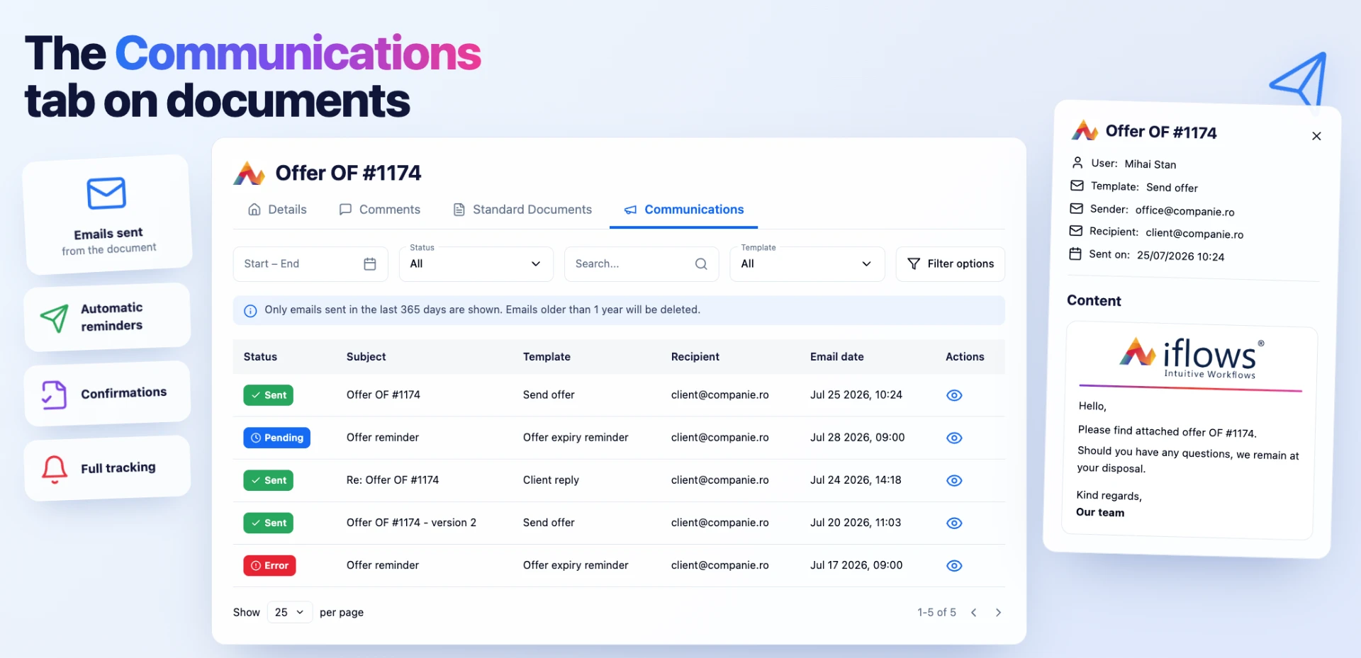 The Communications tab on documents — emails sent from the document, automatic reminders, confirmations and full tracking