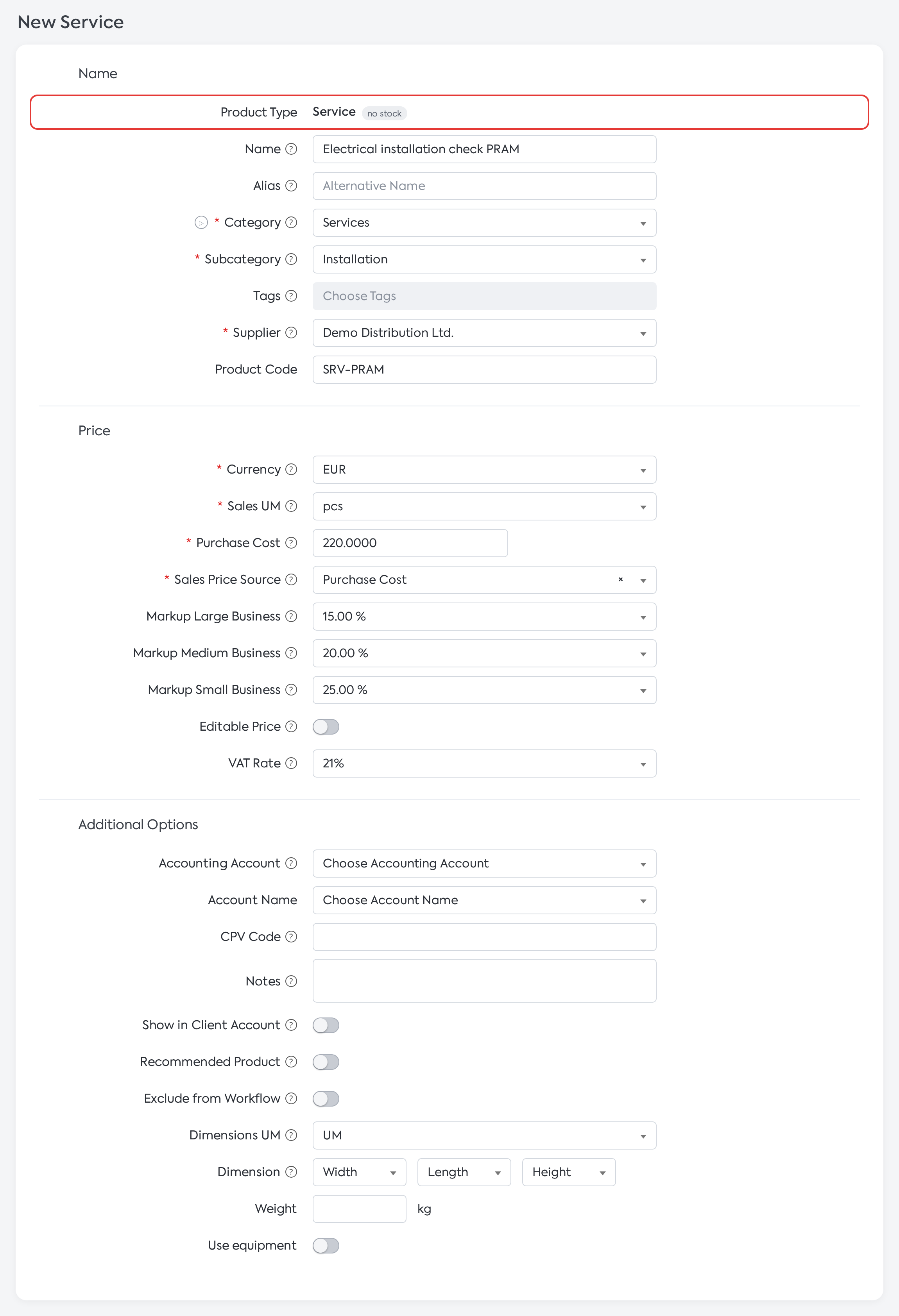 New Service form: after Price, the Additional Options section follows directly, without the Stock section