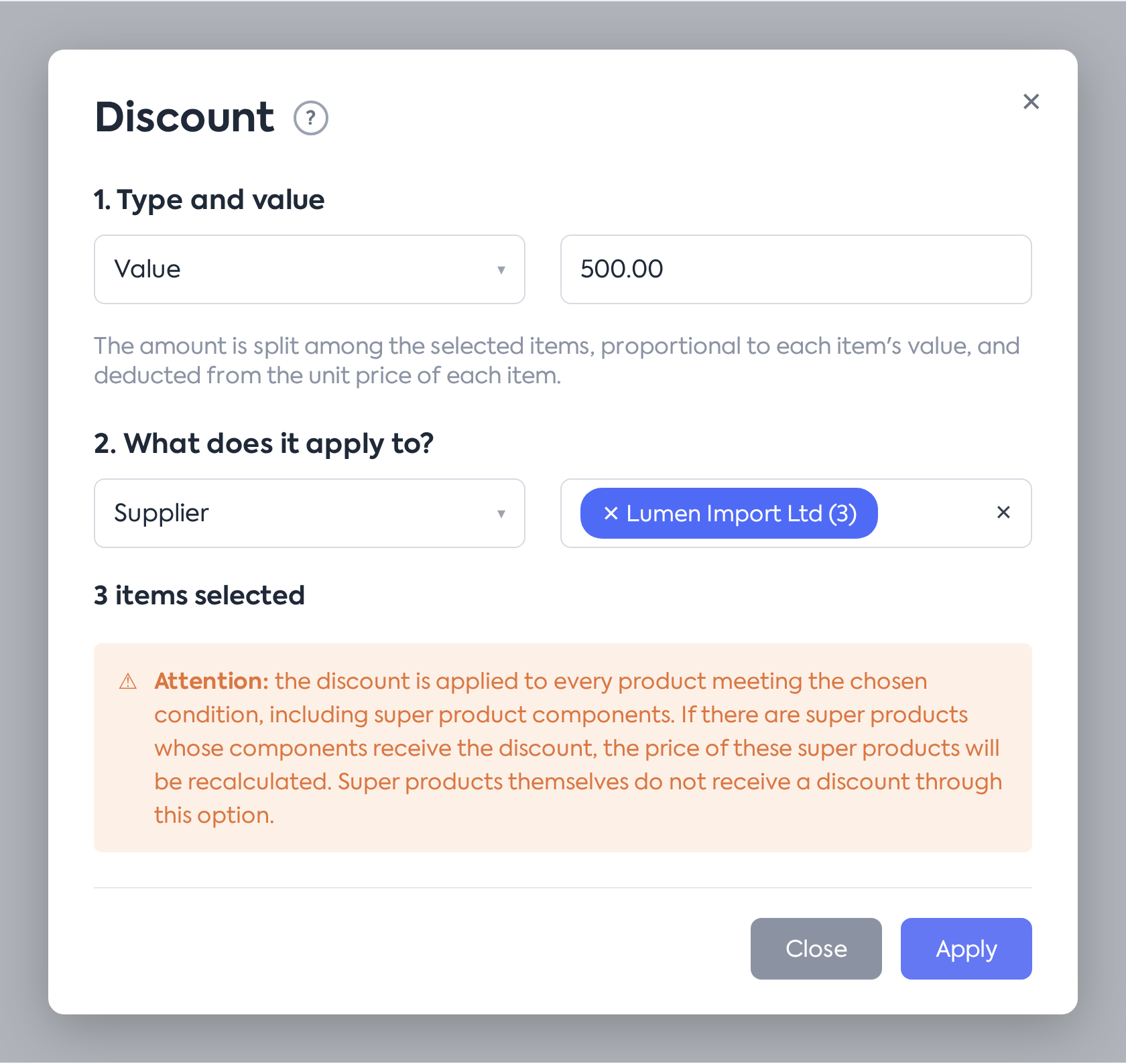 The Value type: the amount is split proportionally among the selected lines