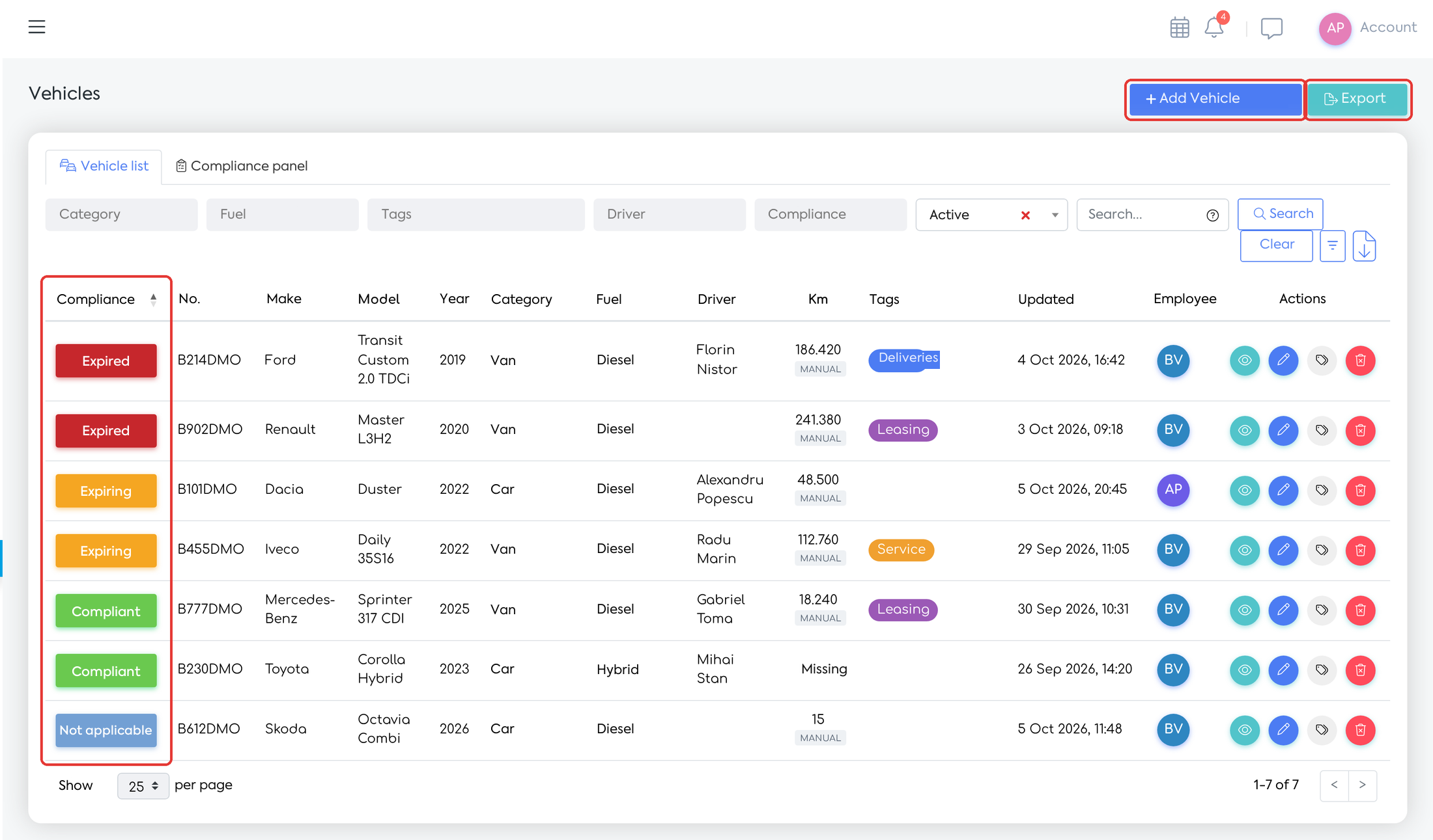 Vehicle list: the compliance badge on each vehicle and the Add Vehicle and Export buttons.