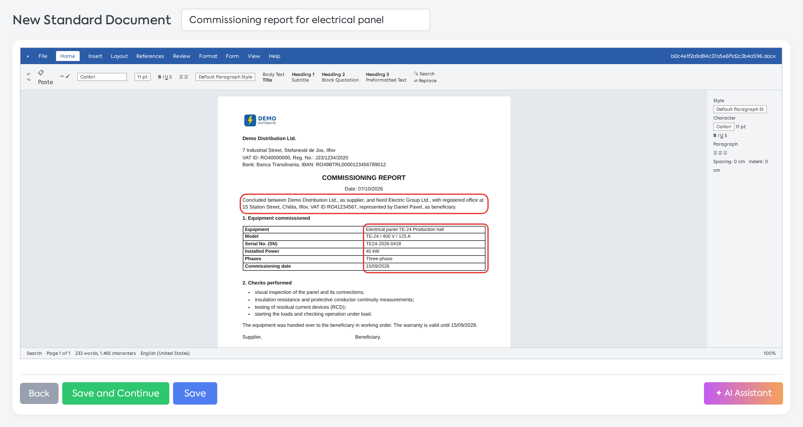 Generated service report, with the client's and equipment's data filled in