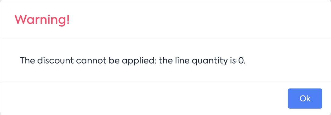 Warning alert: the discount cannot be applied, the line quantity is 0