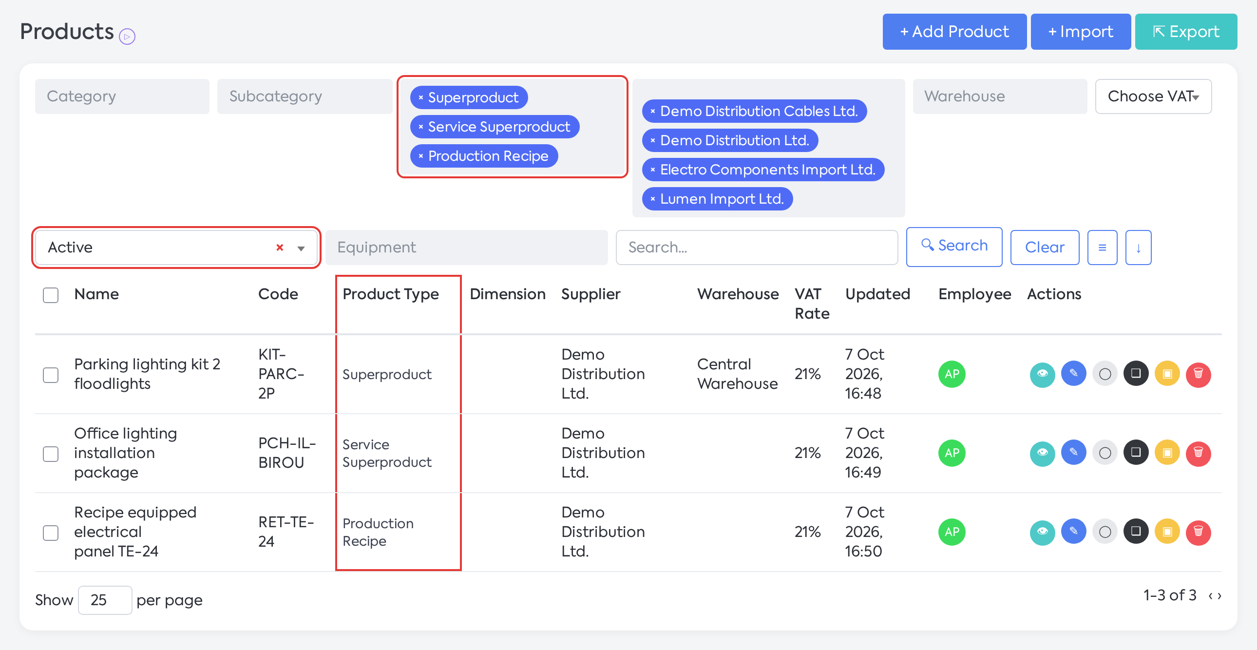 List filtered by composite types, with the Product Type column and the archive filter set to Active