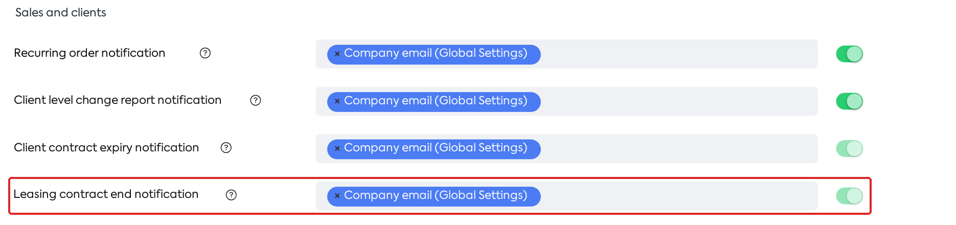 Recipients of the end-of-leasing warning, in Notification preferences → Company.
