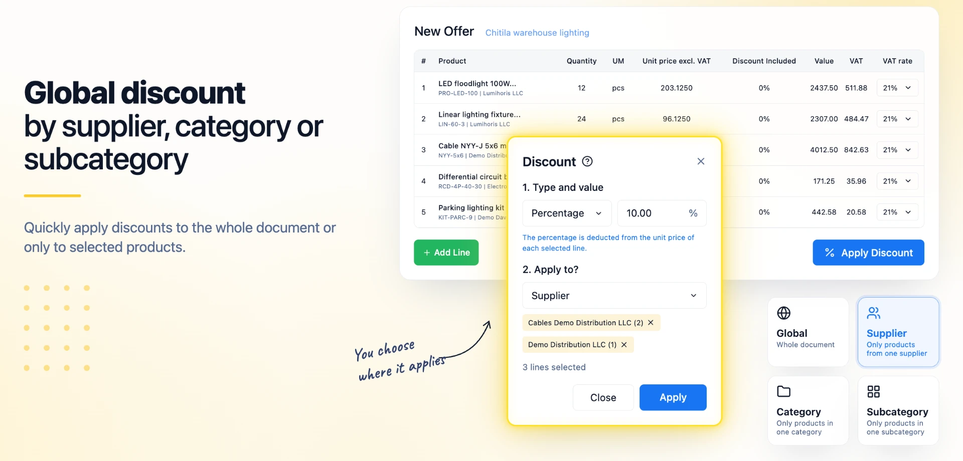 Global discount on documents — by supplier, category or subcategory