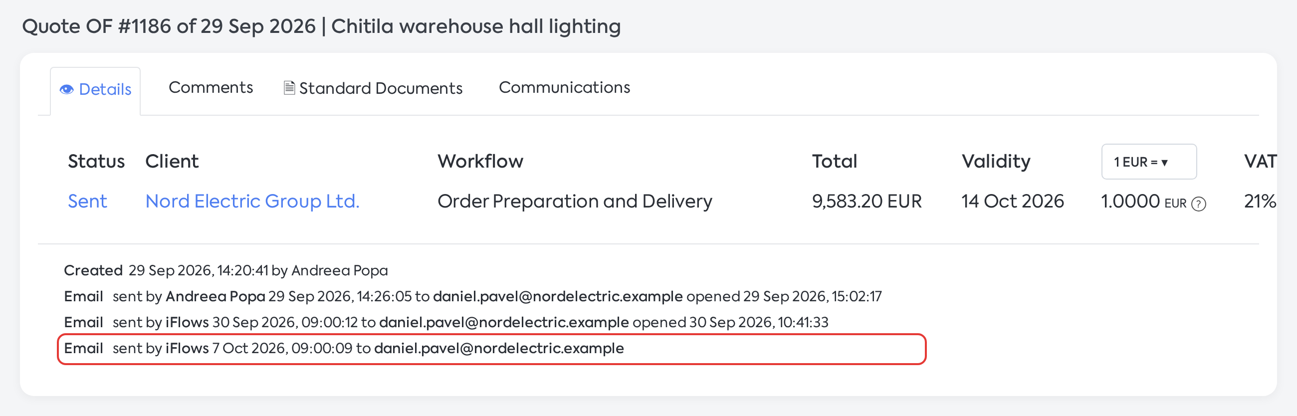 Quote history: reminders sent by iFlows 14 and 7 days before the validity date