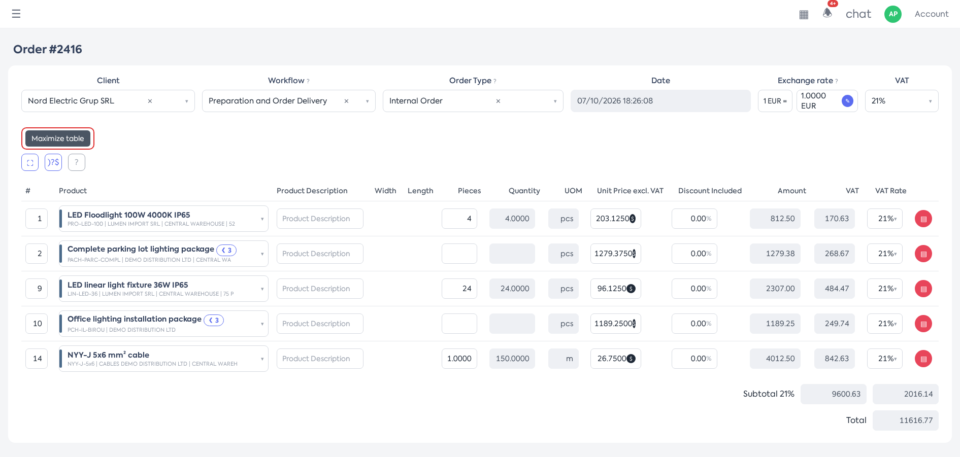 The bar above the table with superproduct buttons, table maximize, and stock location