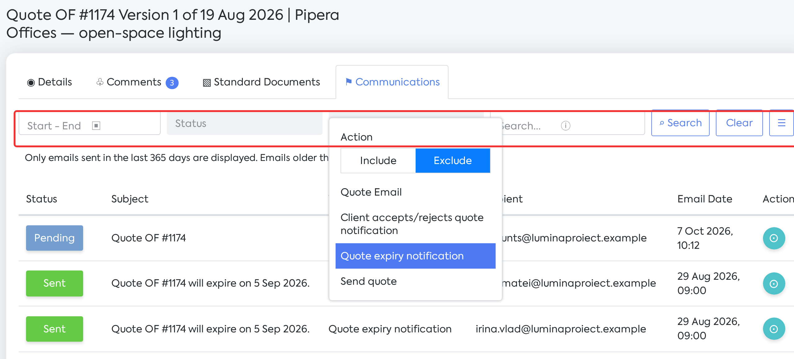 The Template filter with the Exclude option: the quote's expiration reminders are removed from the list.