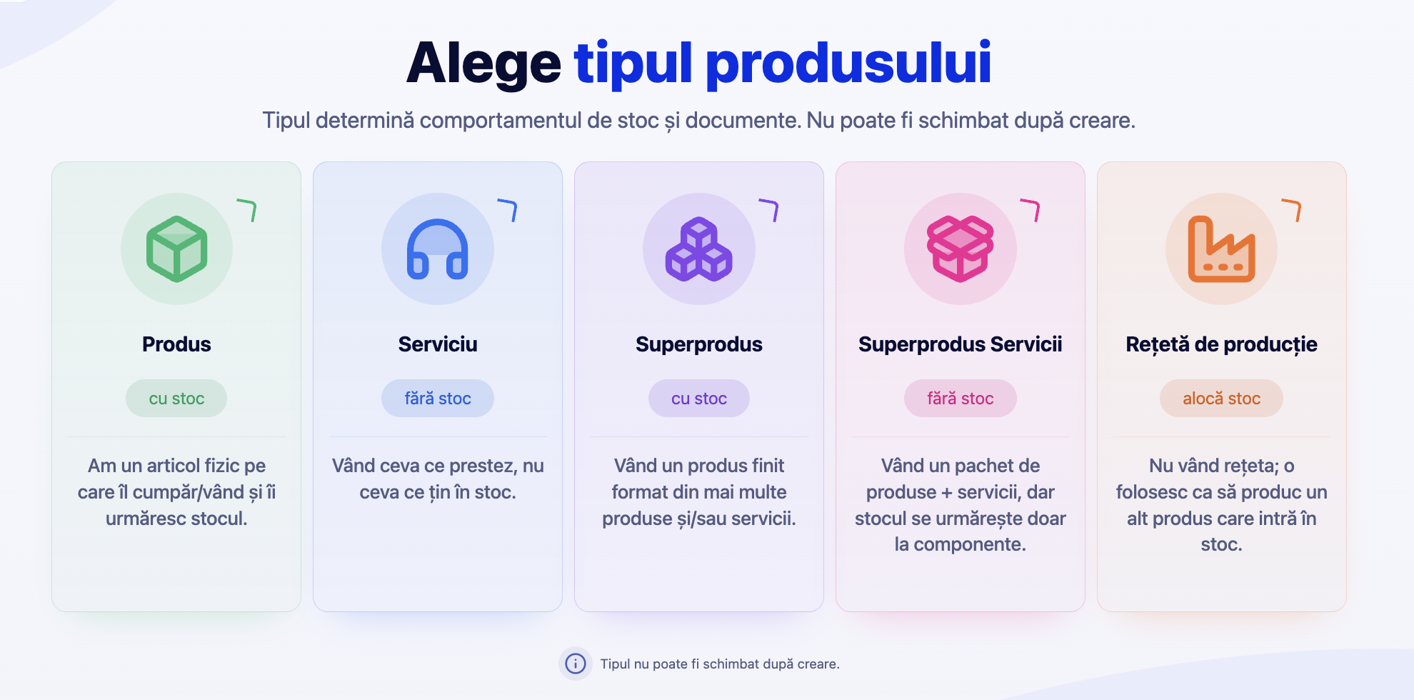 Alege tipul produsului: Produs, Serviciu, Superprodus, Superprodus Servicii, Reteta Productie