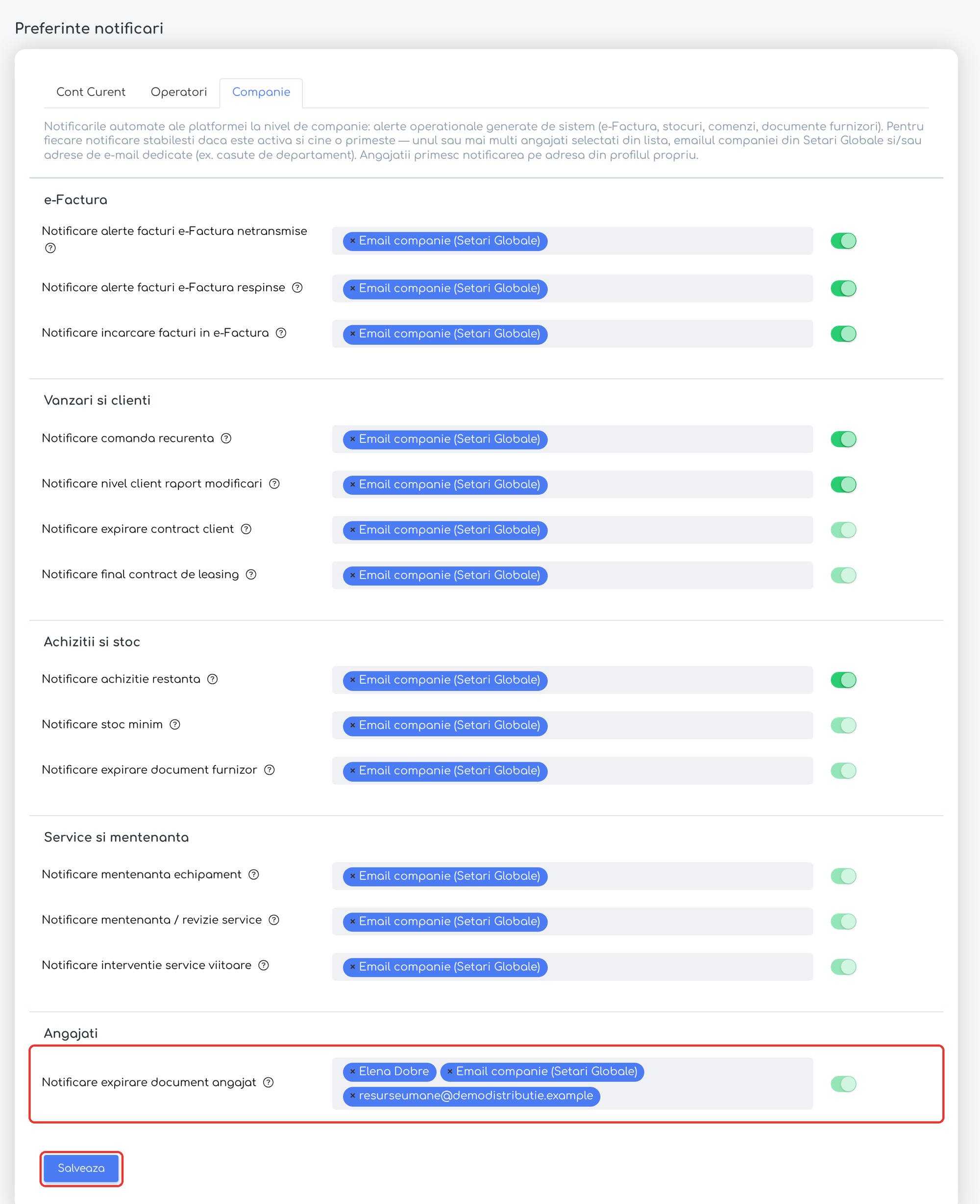 Destinatarii notificării de expirare a documentelor angajaților.