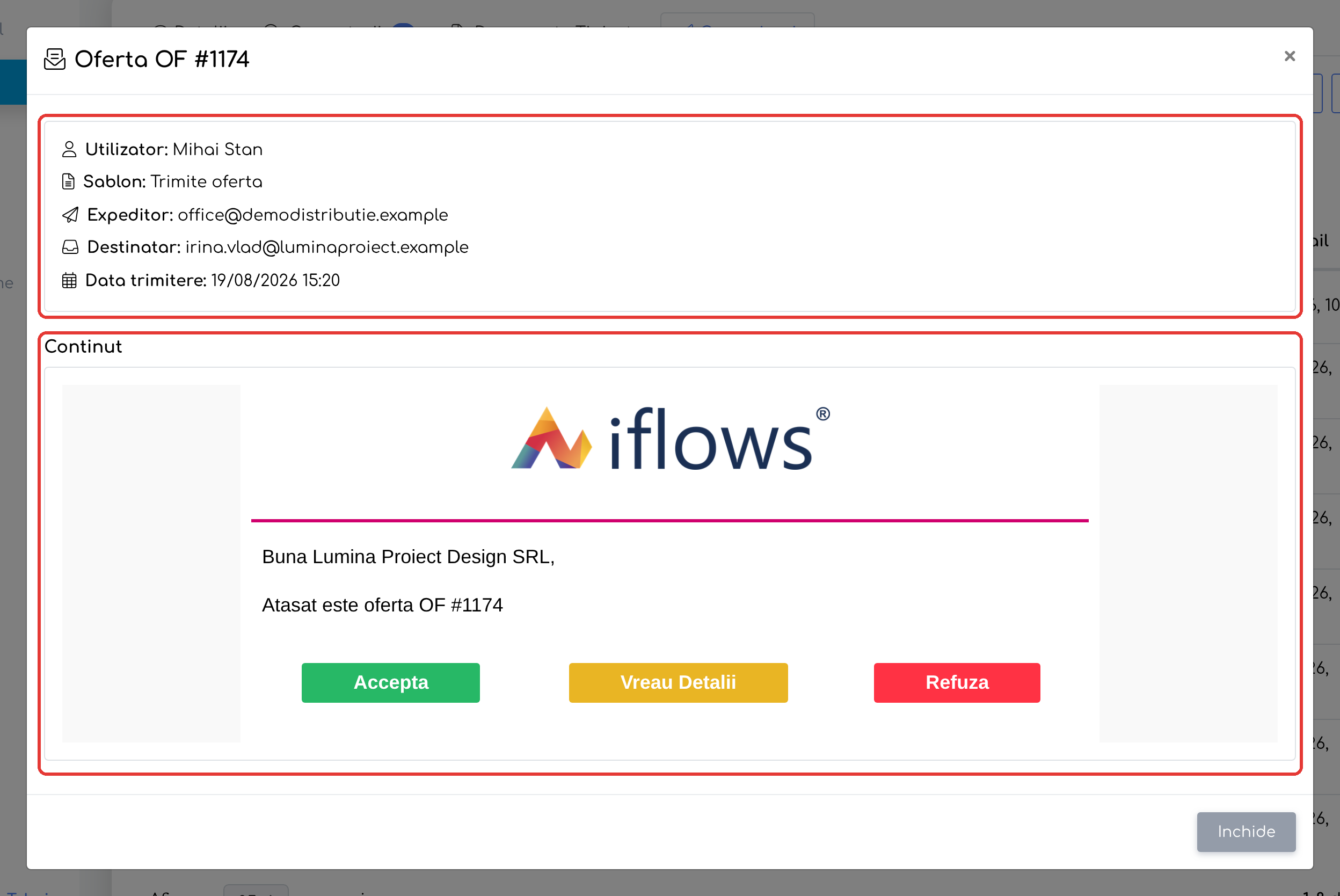 Fereastra Detalii E-mail: datele trimiterii și conținutul e-mailului cu oferta.