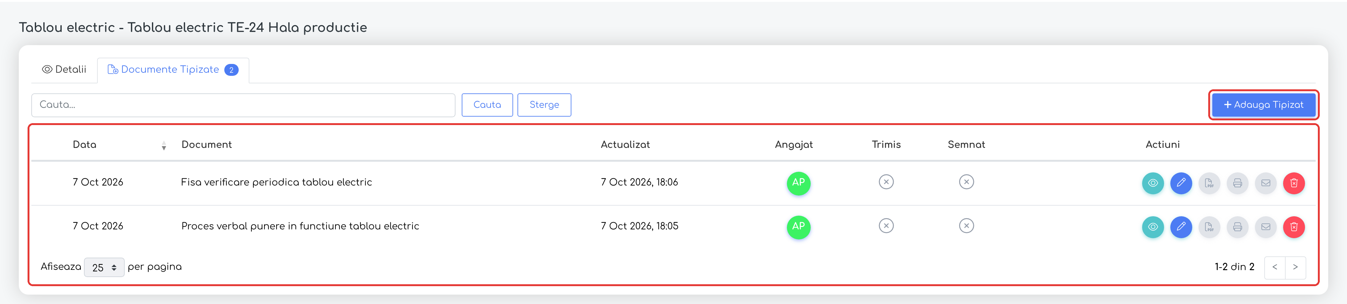 Fila Documente Tipizate a echipamentului, cu cele două documente
generate și butonul Adauga Tipizat