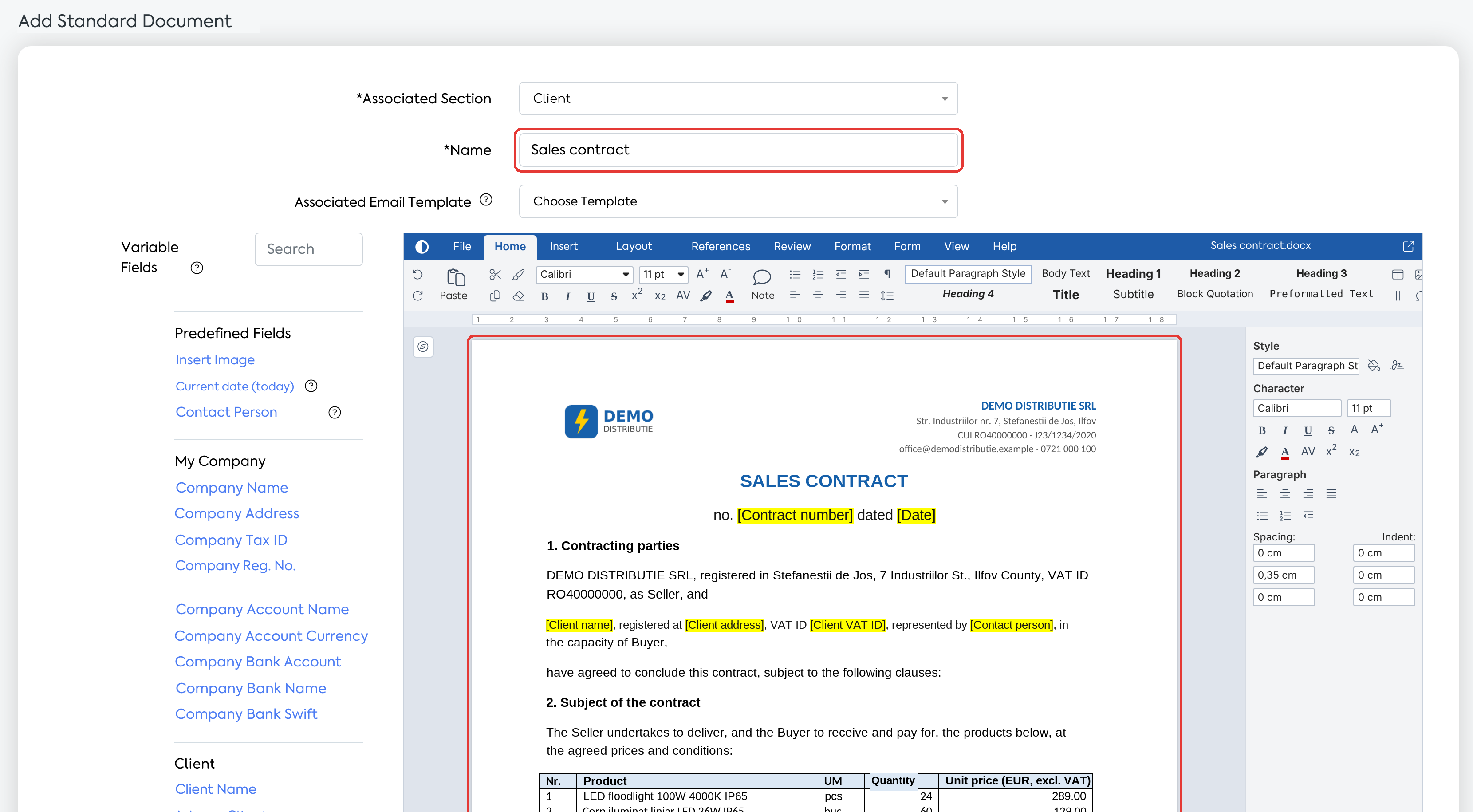 The Word document open in the editor, with the header, title, text, and table preserved; the Name field is pre-filled from the file name. The yellow highlights are placeholders to be filled in.