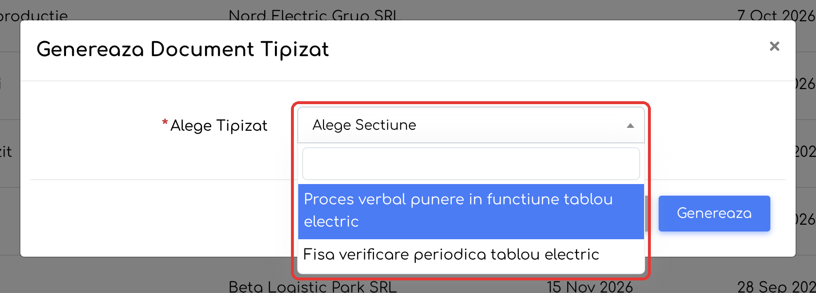 Fereastra Genereaza Document Tipizat: în listă apar doar
șabloanele legate de șablonul de service al echipamentului