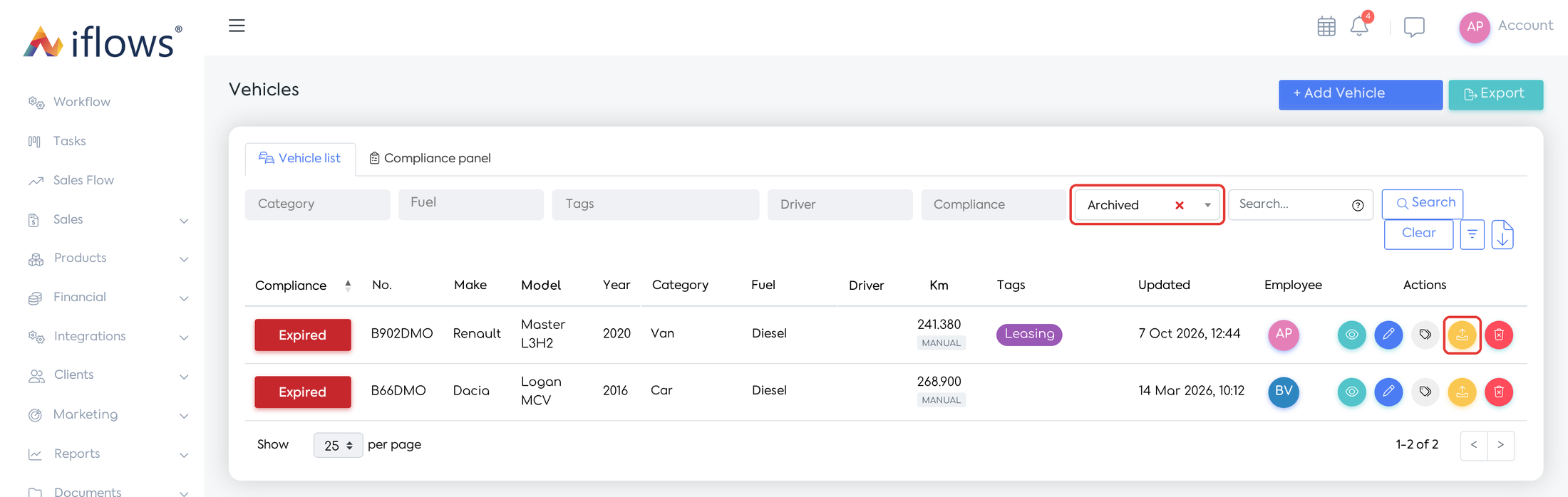 The Status = Archived filter and the Unarchive action on the vehicle's row.