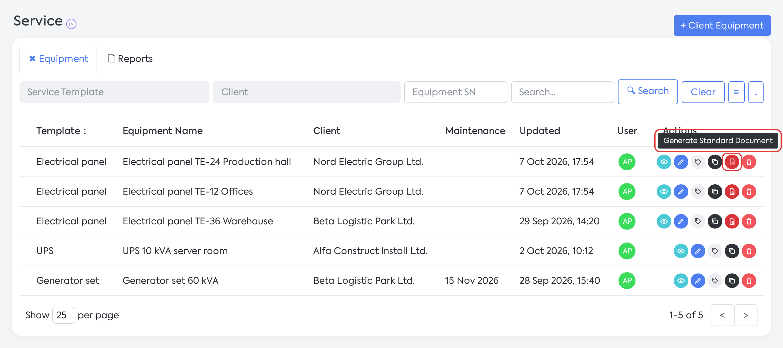 Clients → Service: the Generate Standard Document icon on the equipment's row; it only appears for equipment for which a suitable template exists