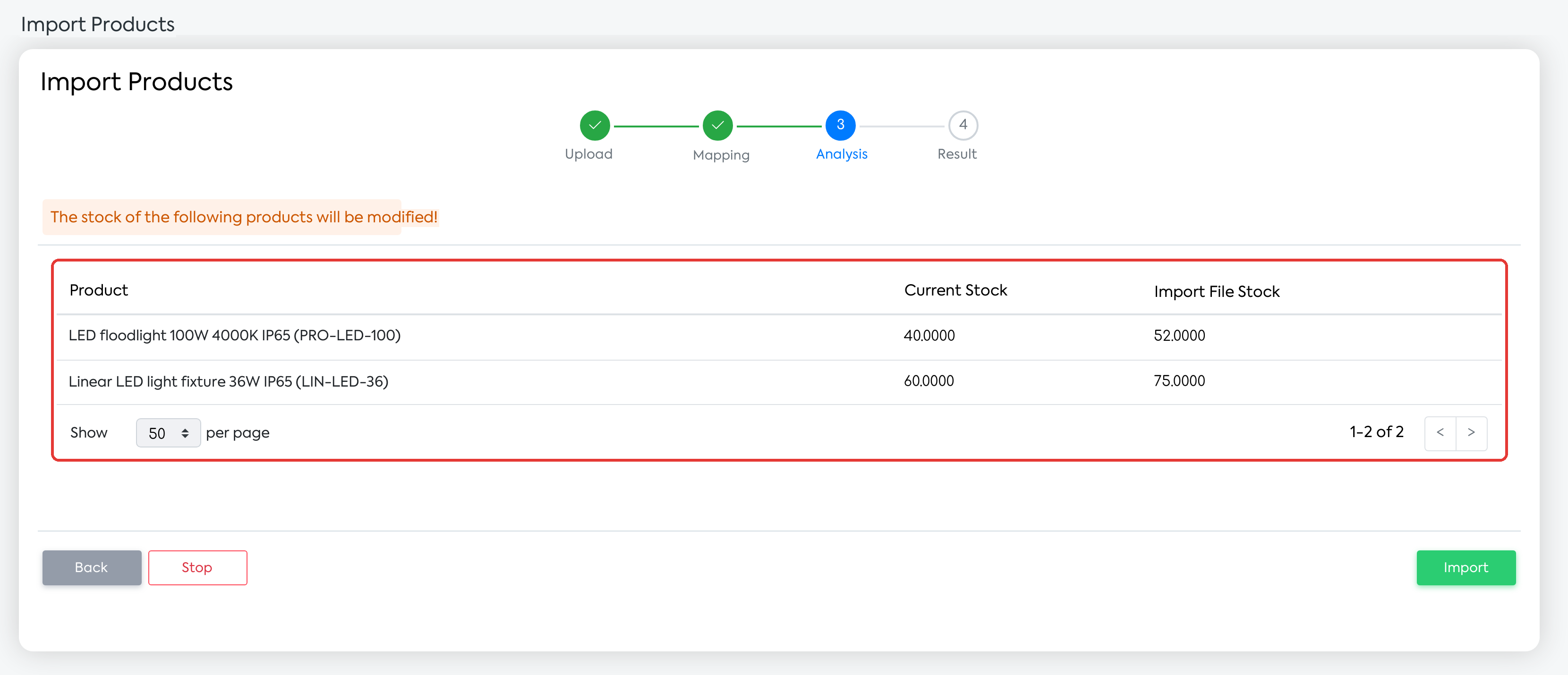 Confirming the stock modification, showing the current stock and the file stock, before the import.