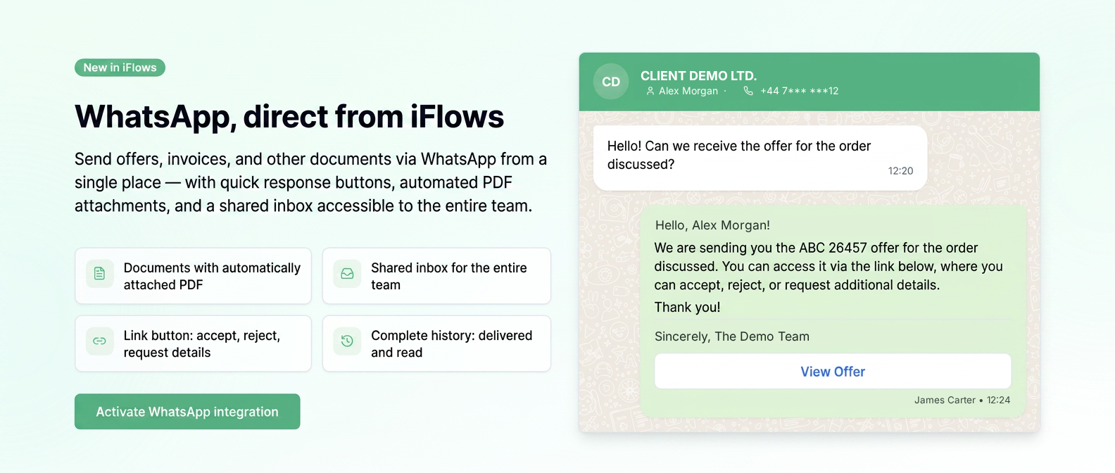 WhatsApp integration in iFlows: sending an offer to a customer, with a View Offer button in the message