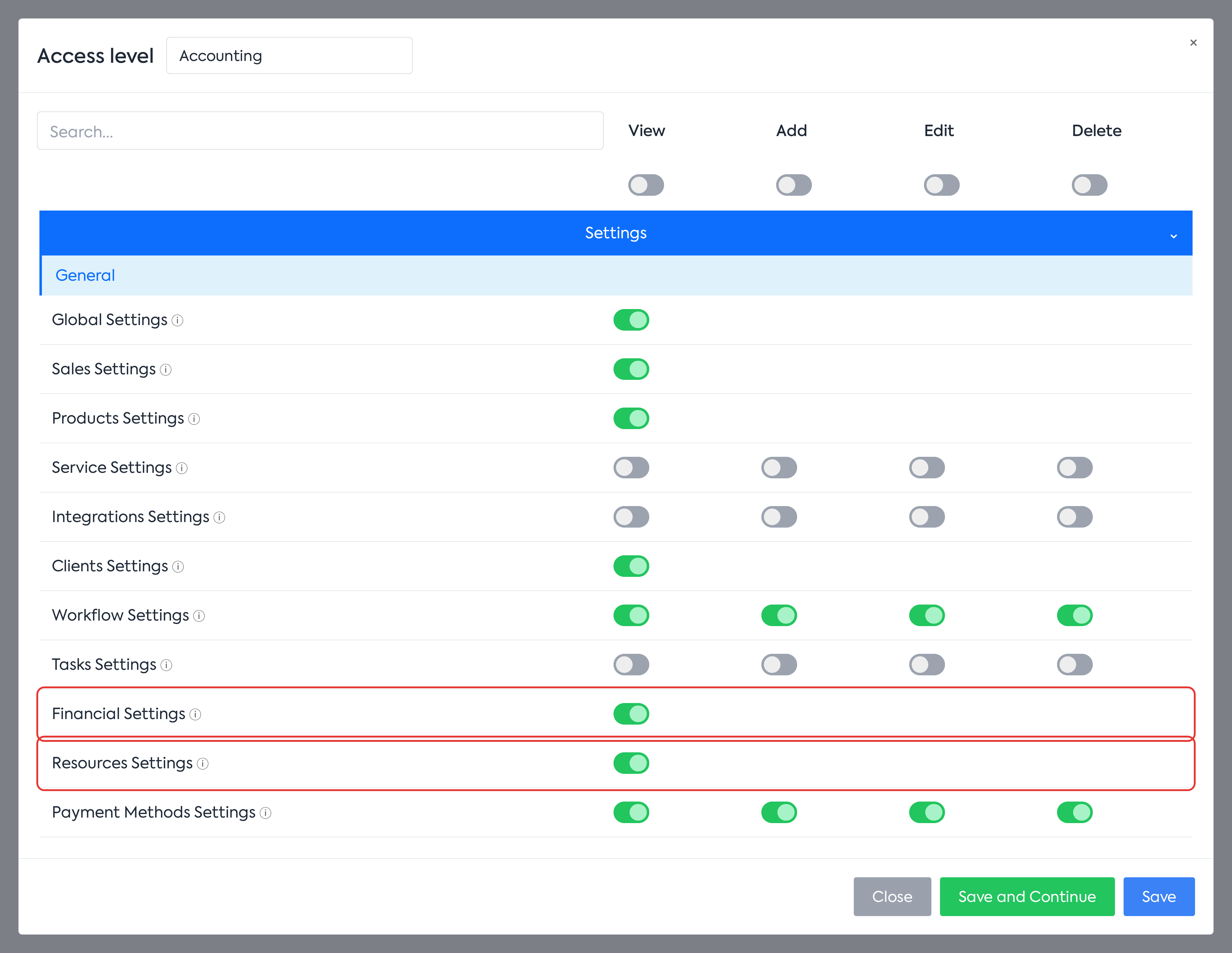 The Settings category, General subcategory, with the Resources Settings and Financial Settings rights.