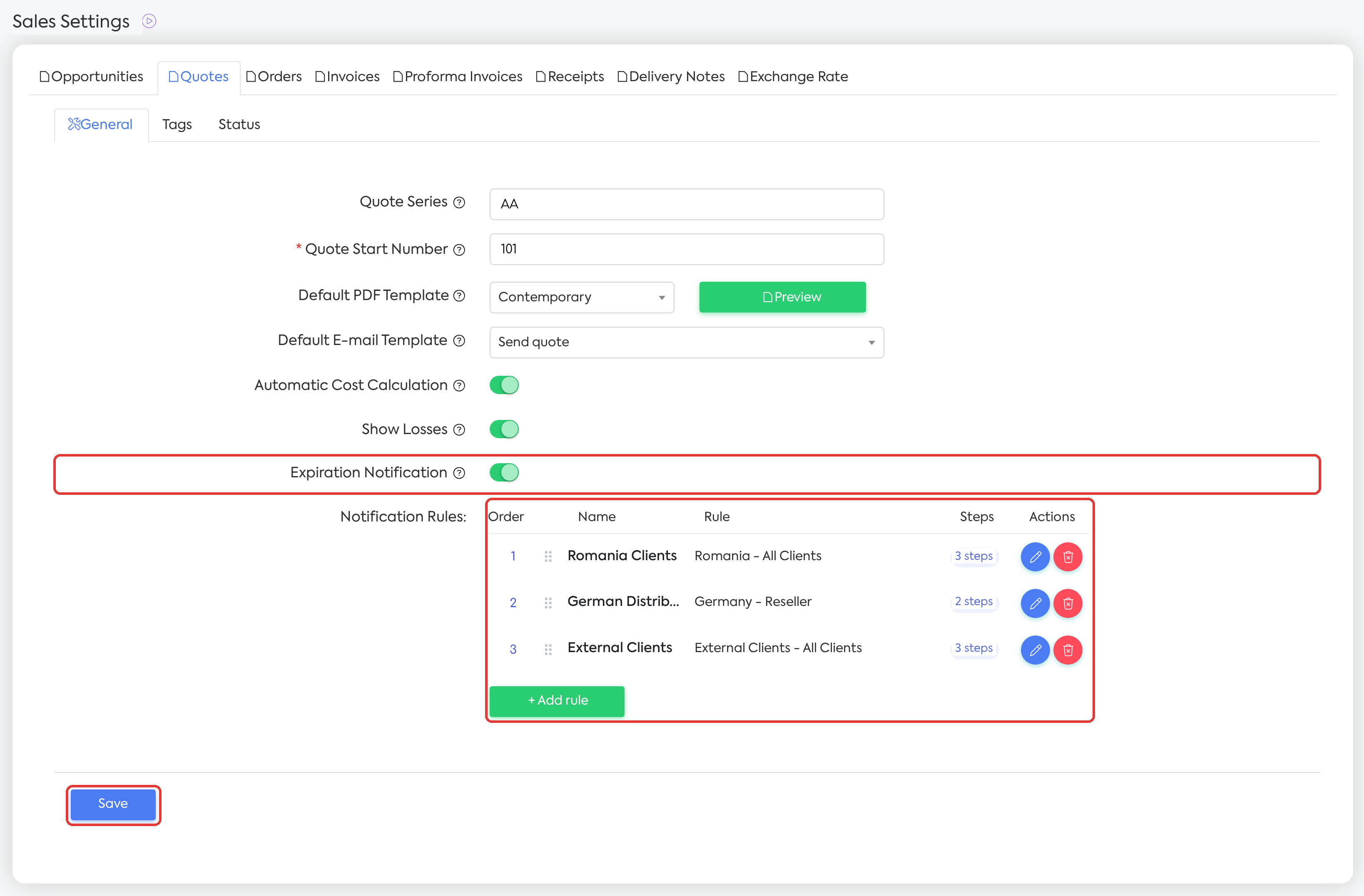 Settings → Sales → Quotes → General: Expiration Notification on and three rules in the Notification Rules list