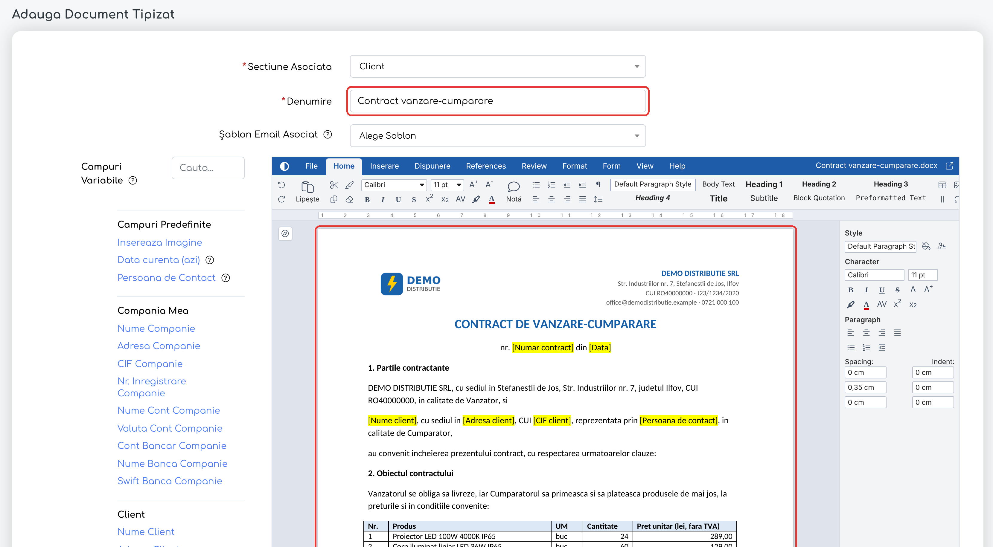 Documentul Word deschis în editor, cu antetul, titlul, textul și tabelul păstrate; Denumire este precompletată din numele fișierului. Marcajele galbene sunt locurile de completat.