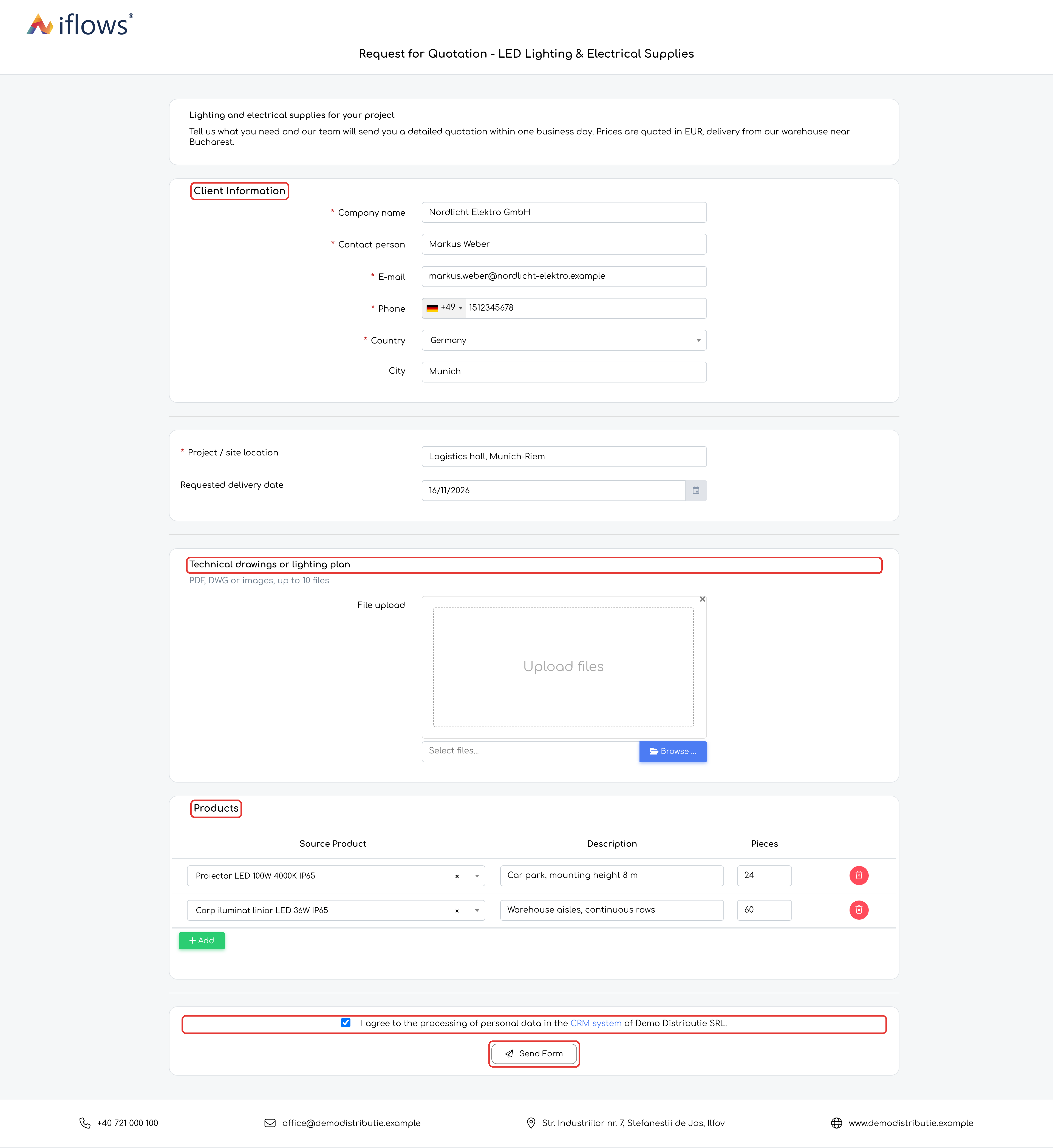 The public page of the form in English: section titles, the product grid, the GDPR consent and the submit button are translated automatically.