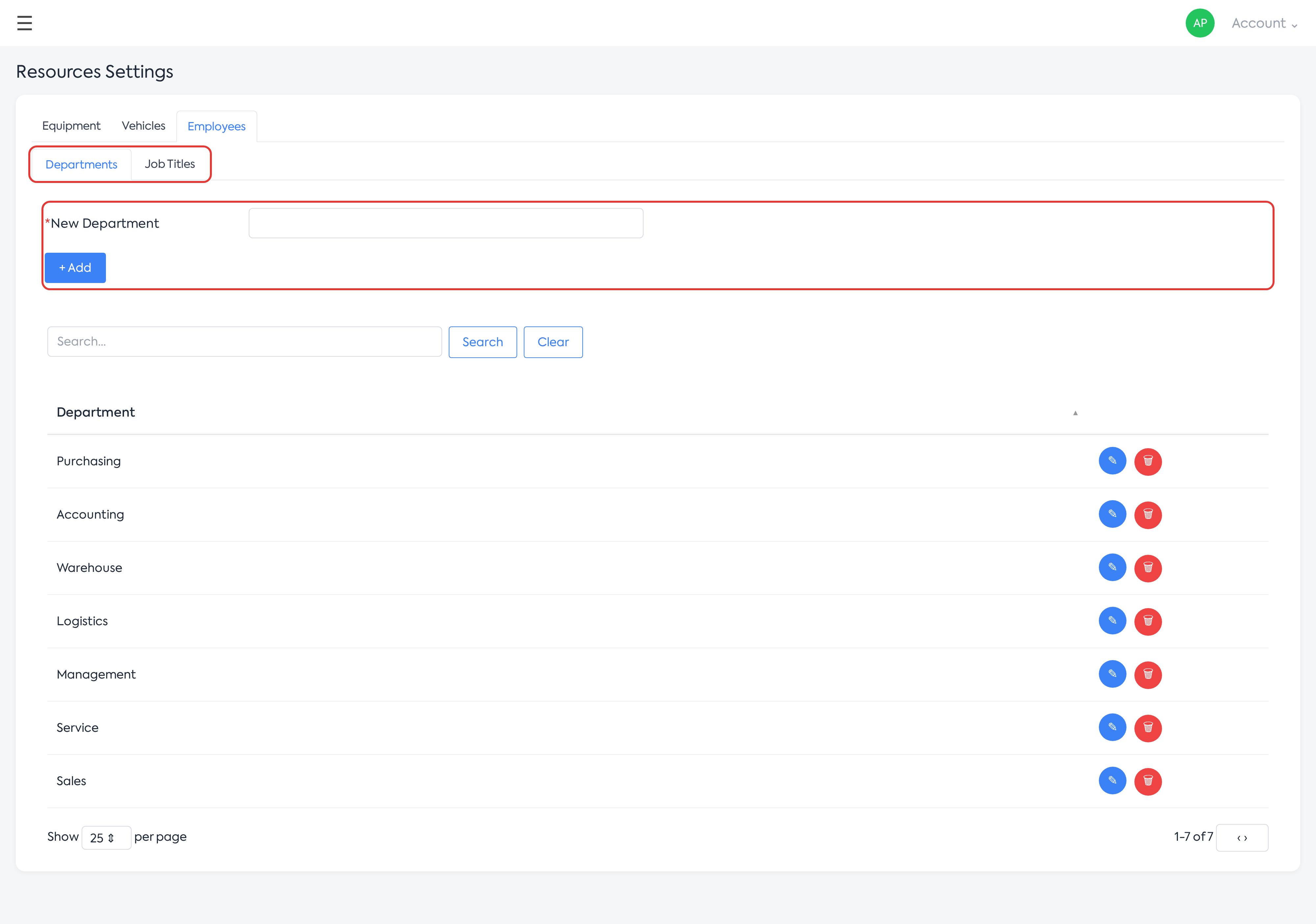The Employees tab, Departments sub-tab.