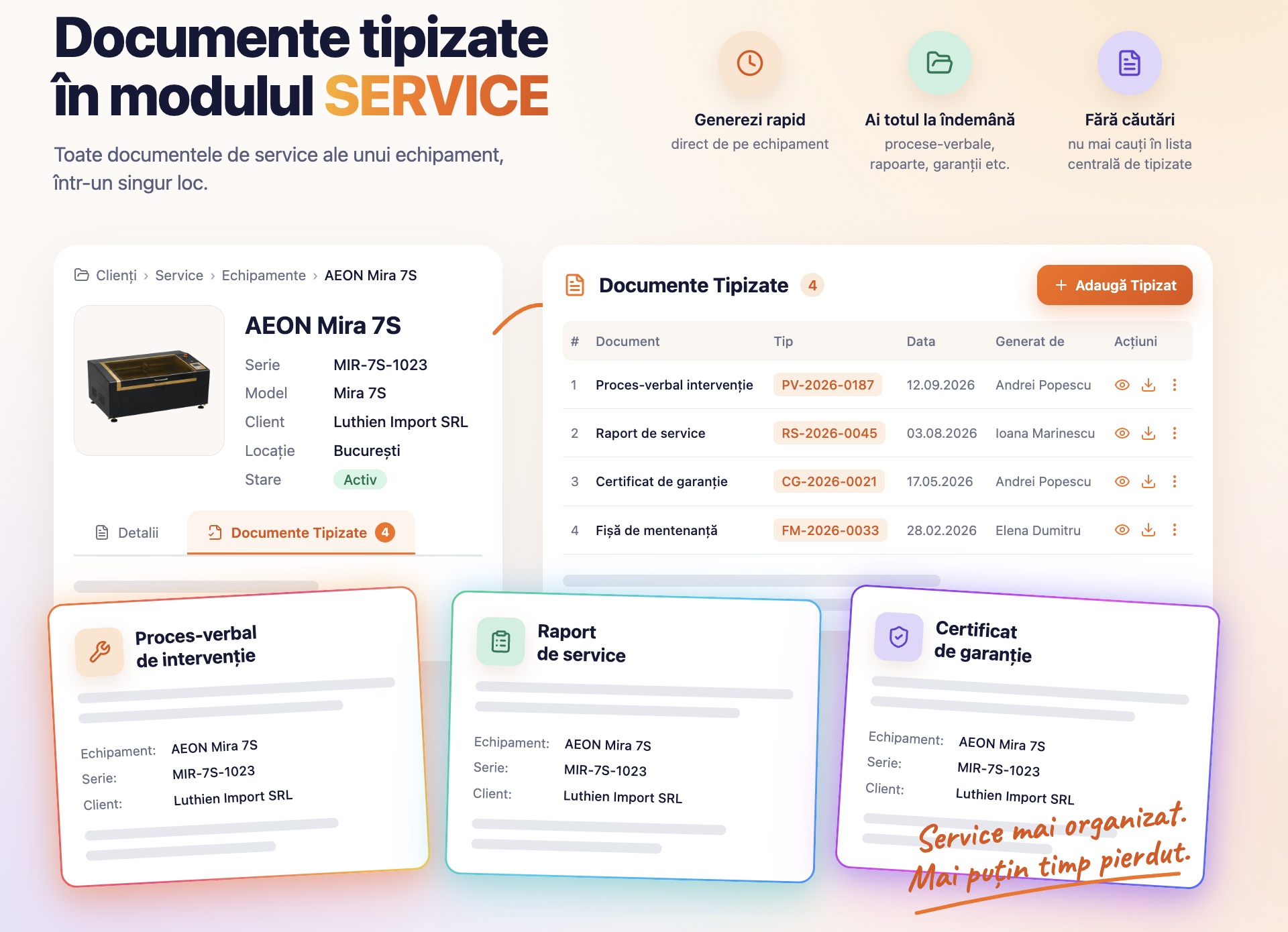 Documente tipizate în modulul Service — toate documentele de service ale unui echipament, într-un singur loc