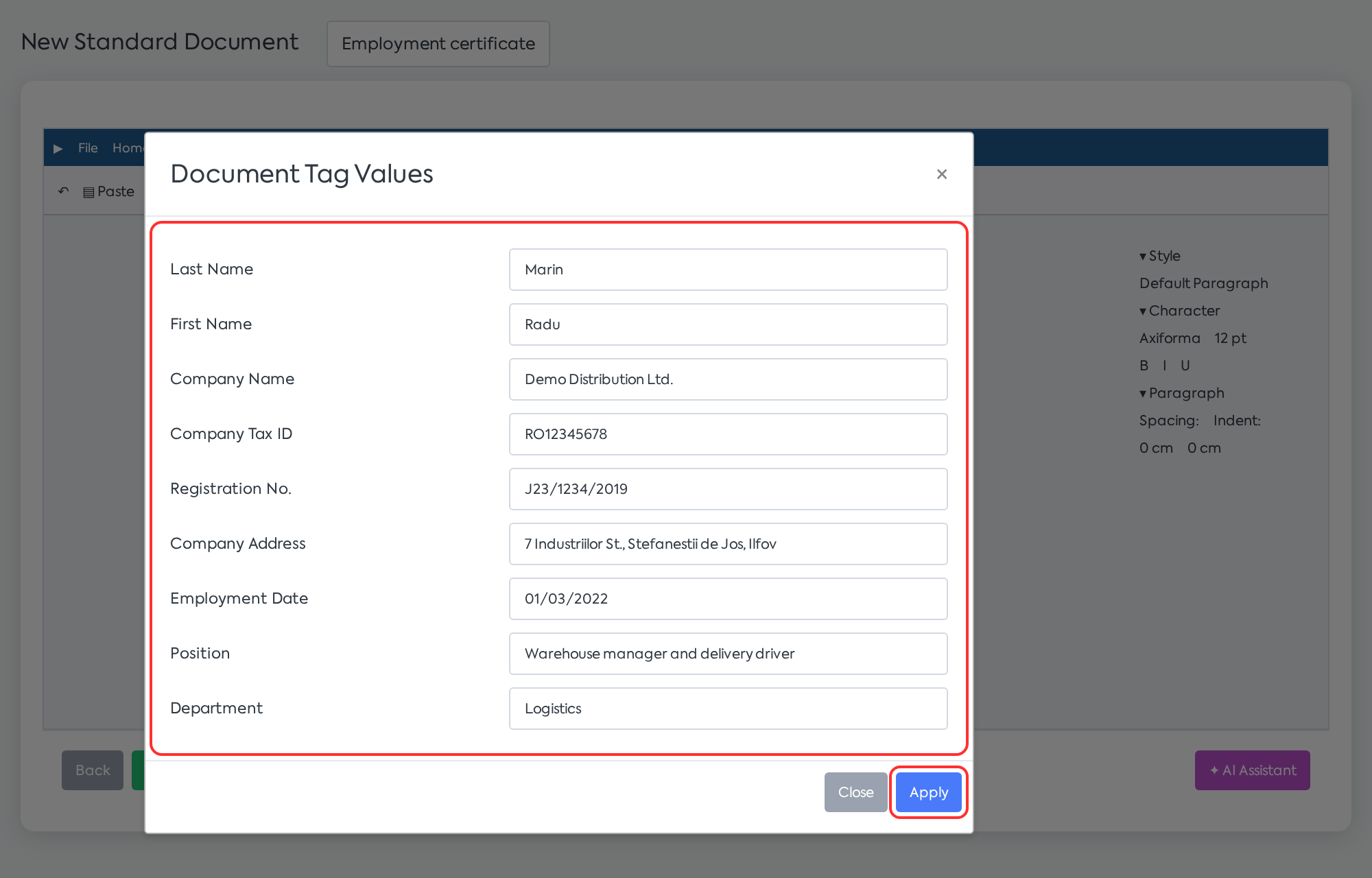 Field values, automatically taken from the employee file and company data.