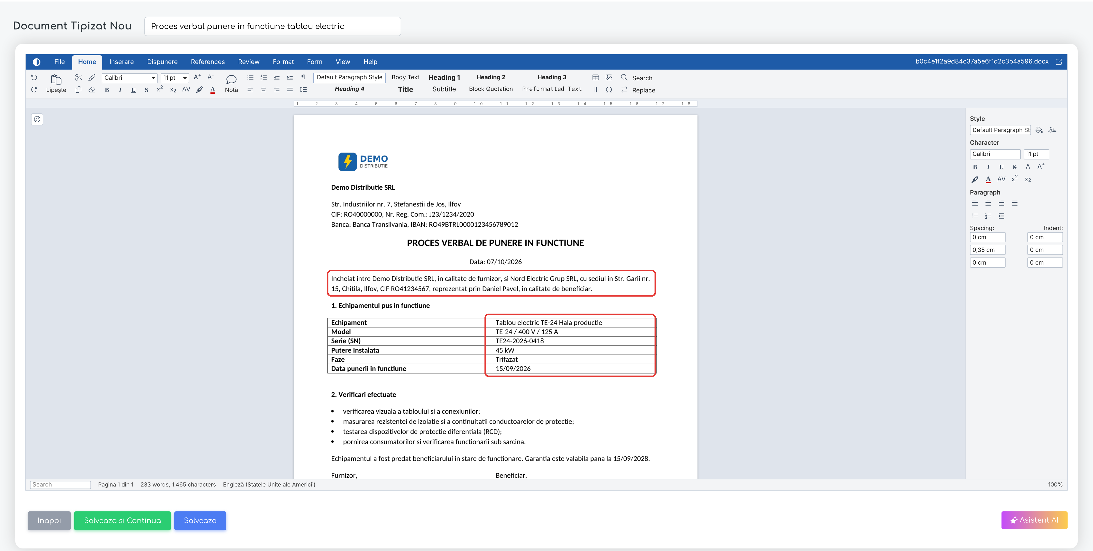 Procesul-verbal generat, cu datele clientului și ale
echipamentului completate