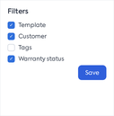 Title: Activating the Warranty Status filter from the filters menu. - Description: Activating the Warranty Status filter from the filters menu.
