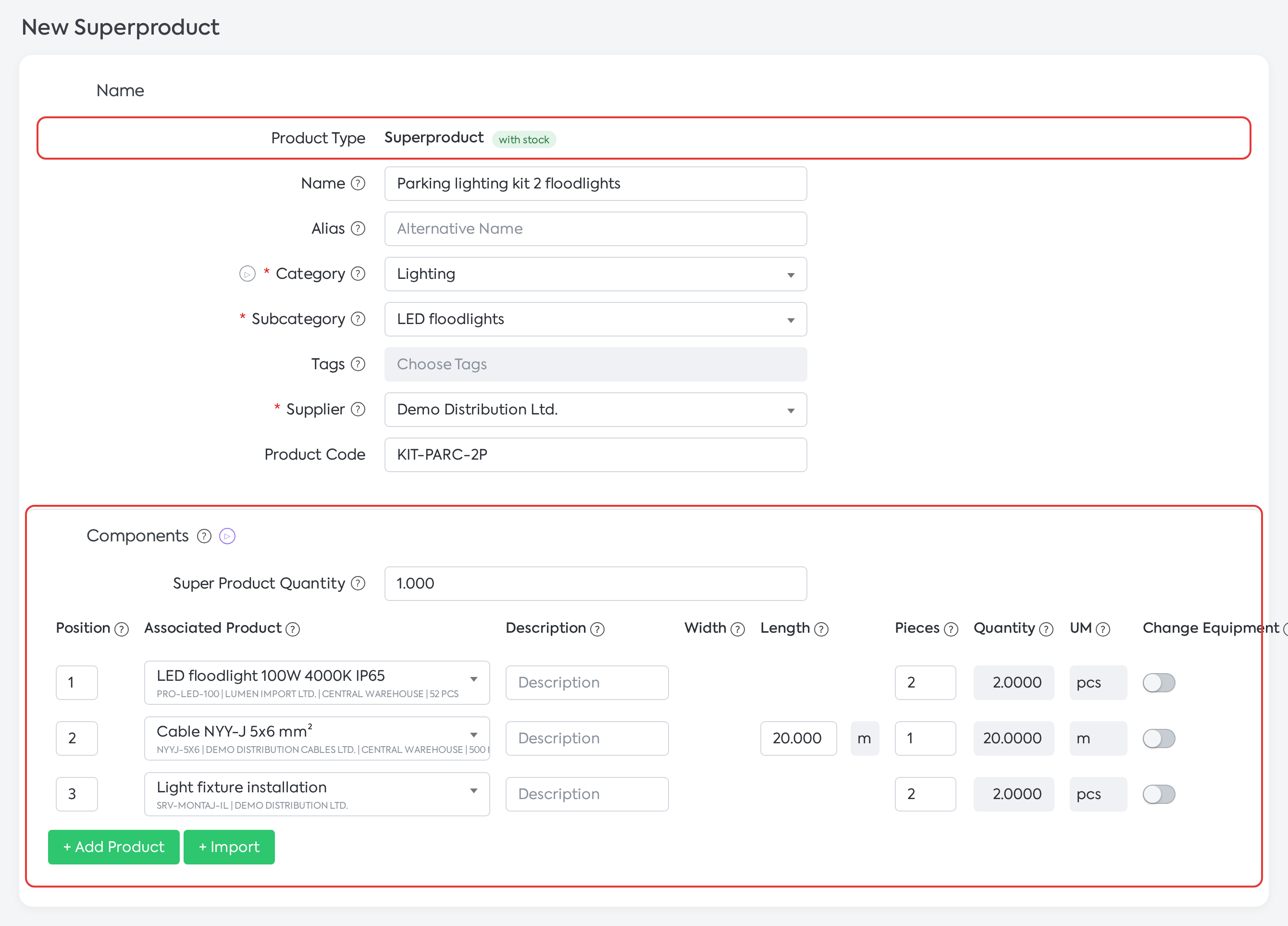 New Superproduct: Superproduct Quantity and the components, with the Add Product and Import buttons