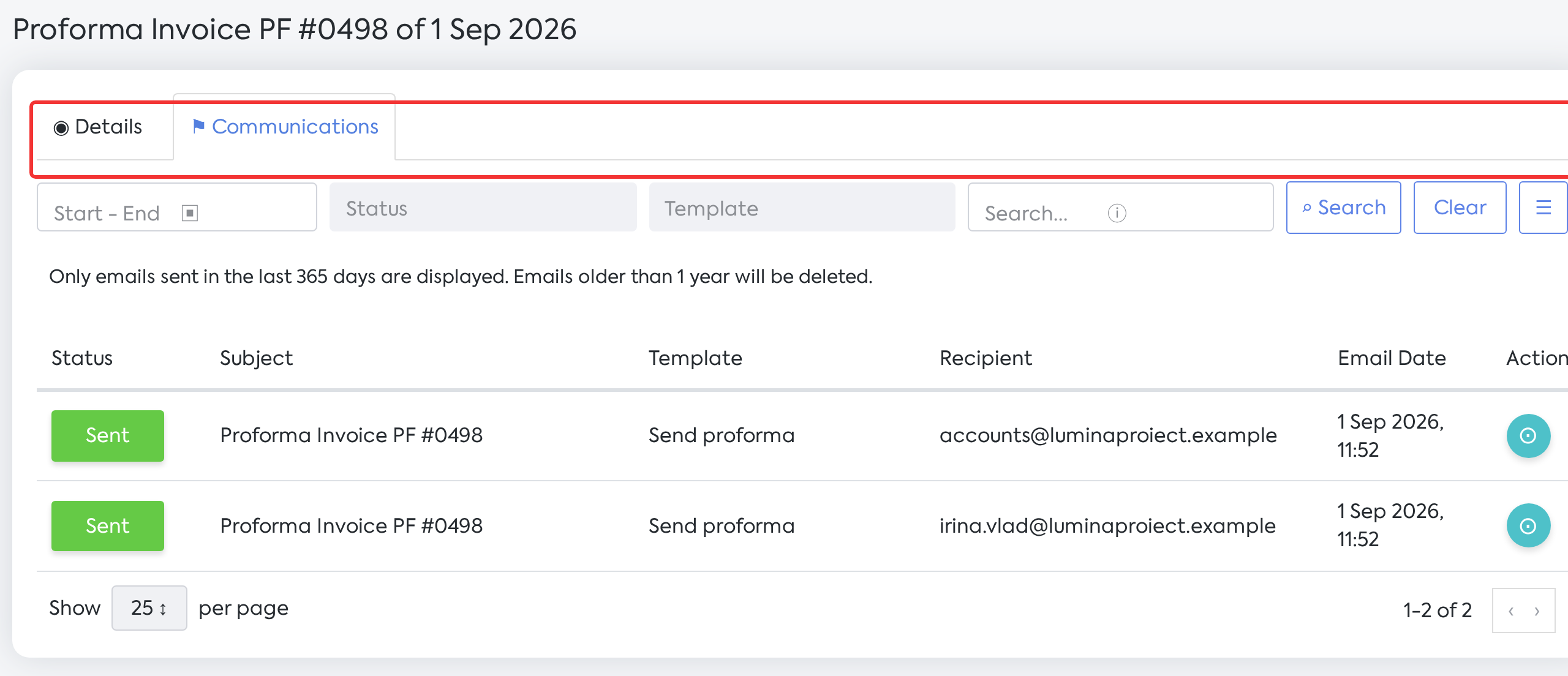 Proforma invoice PF #0498, with the Details · Communications tab bar.