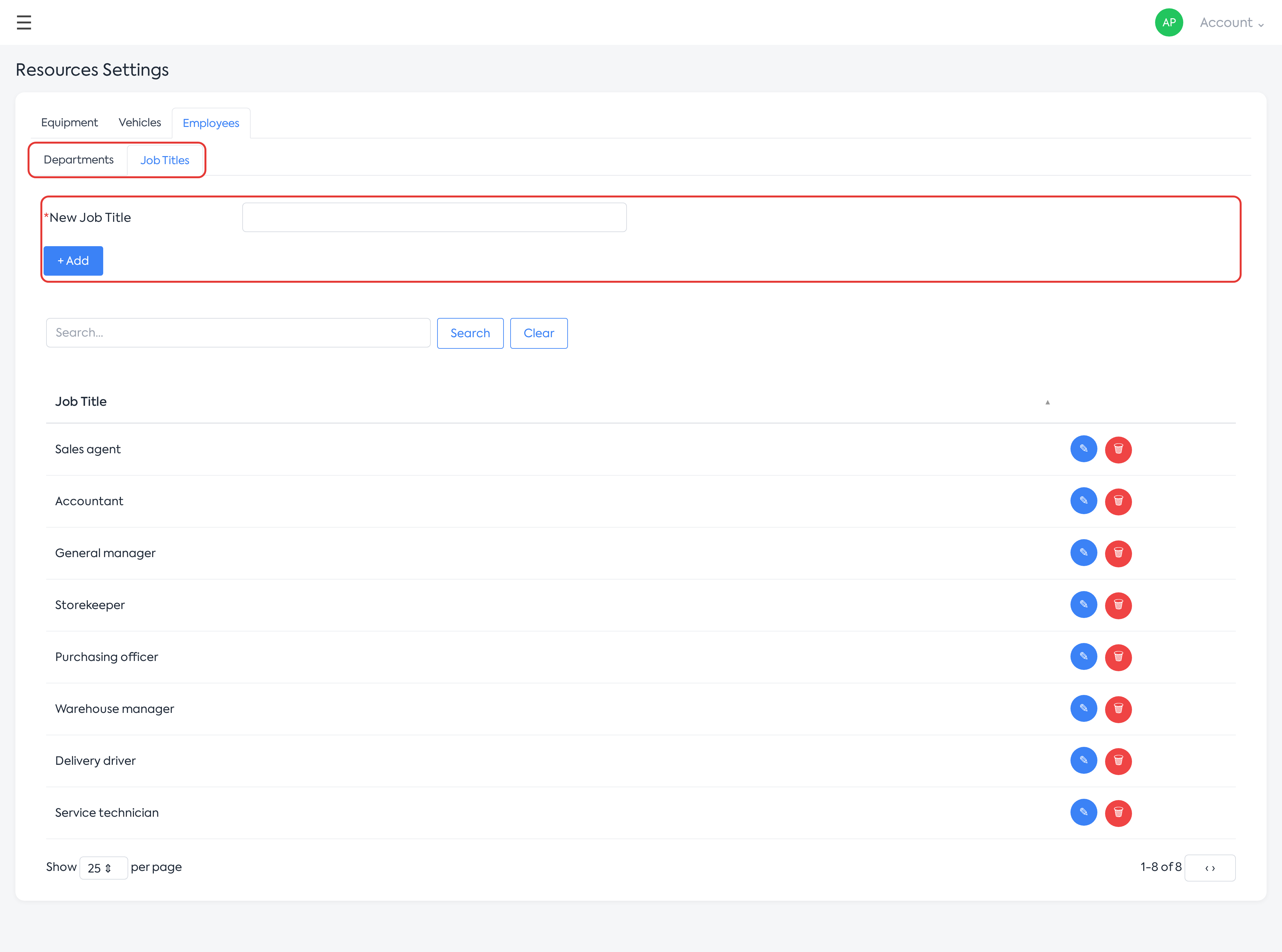 The Employees tab, Job Titles sub-tab.