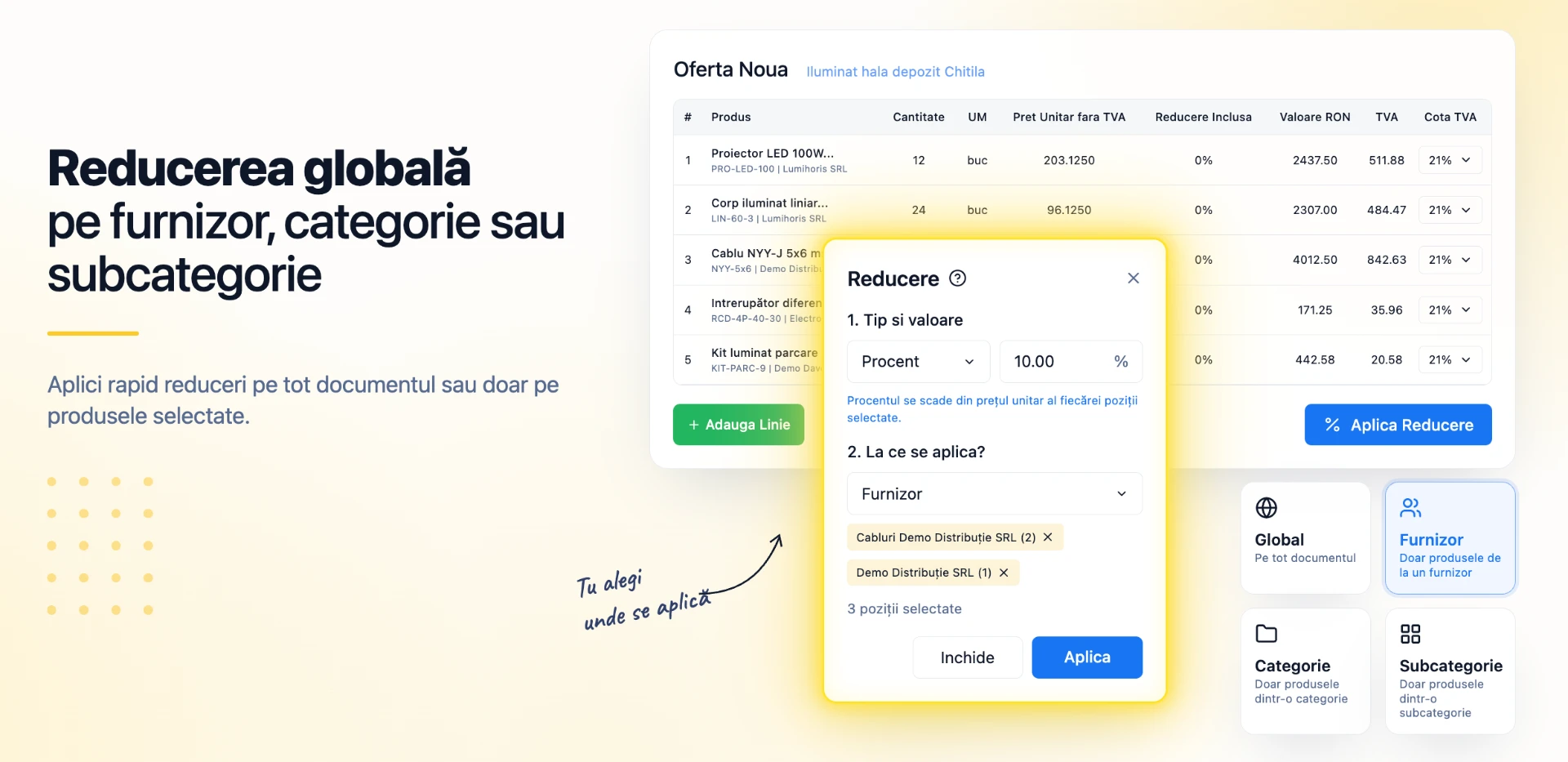 Reduceri pe documente — reducerea globală pe furnizor, categorie sau subcategorie