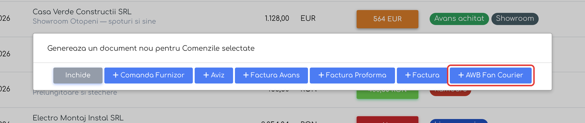 Butonul AWB Fan Courier din fereastra Generează Document.