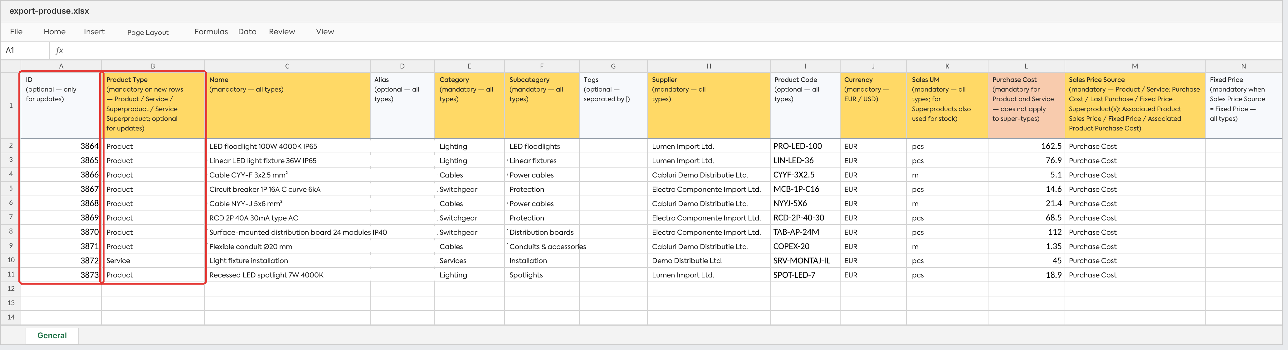 The exported file: the ID column is in the first position and Product Type in the second; products created during the import received new IDs.