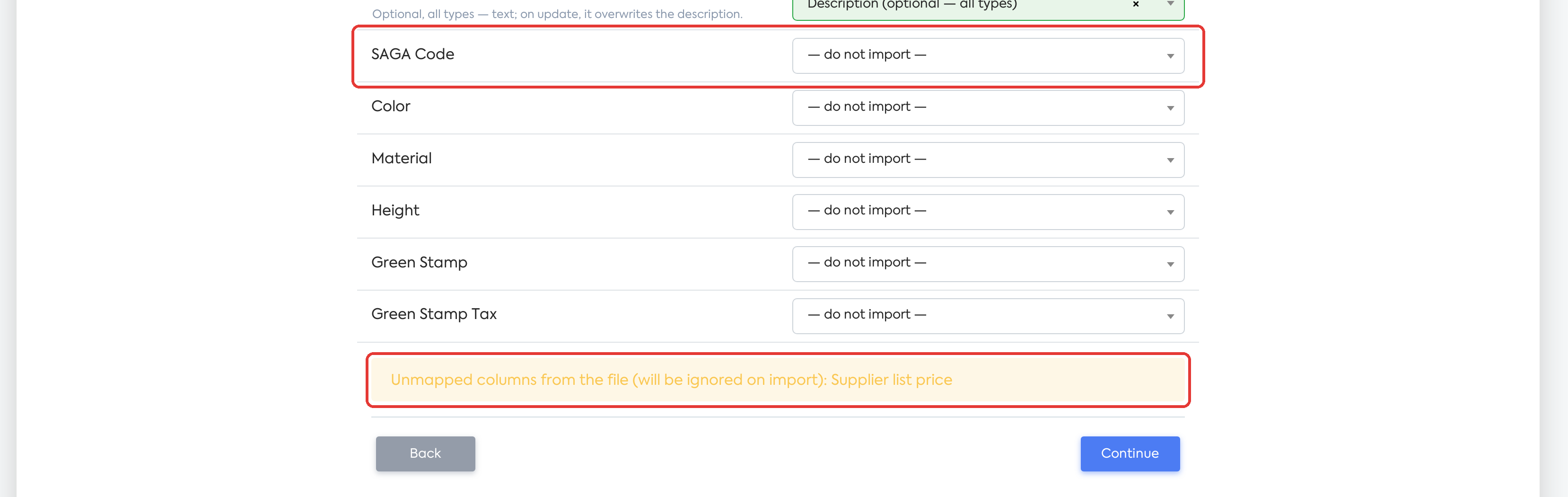 Fields without a column in the file remain on “— do not import —”; the yellow box shows the column from the file that will not be imported.