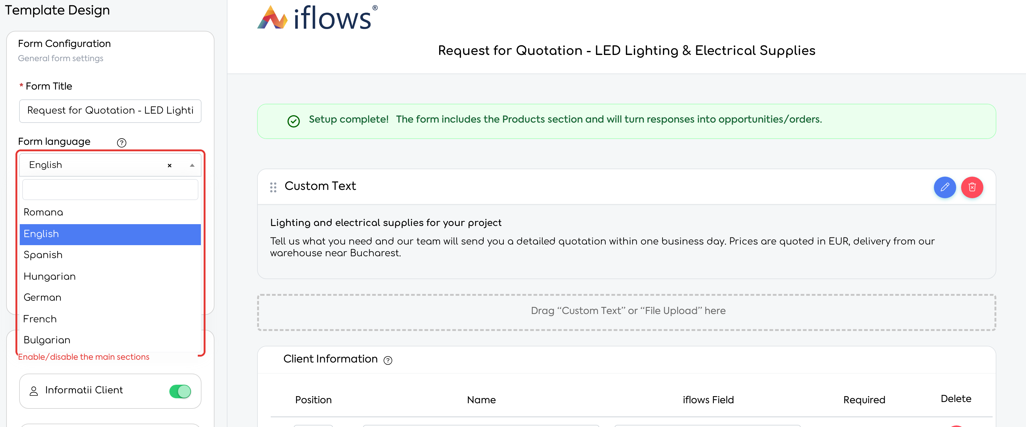 The Form Configuration card, with the Form language list open; the form is set to English.