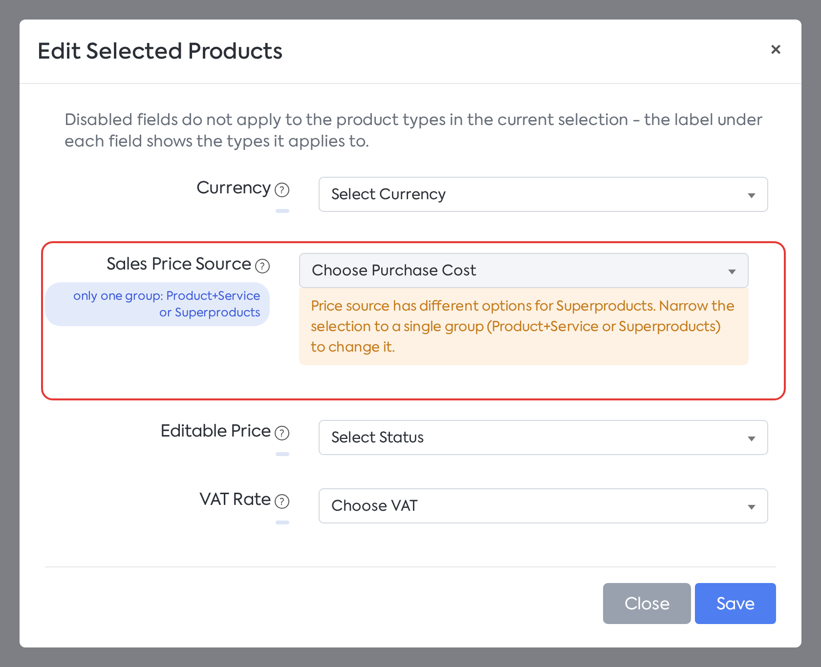Editing the price for a mixed selection: Sales Price Source is inactive, with a note about the group it applies to