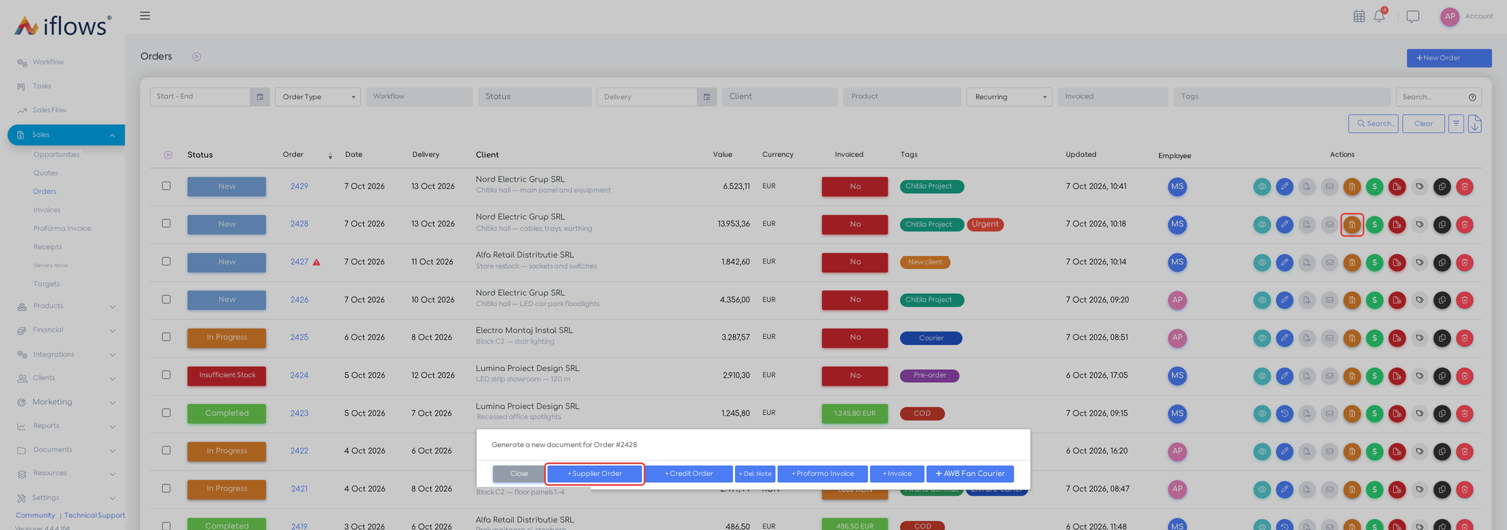 The Generate Document window for order #2428 and the Supplier Order button.