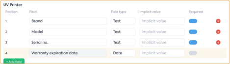 Title: Template editor — the standard field, highlighted, with no delete option. - Description: Template editor — the standard field, highlighted, with no delete option.