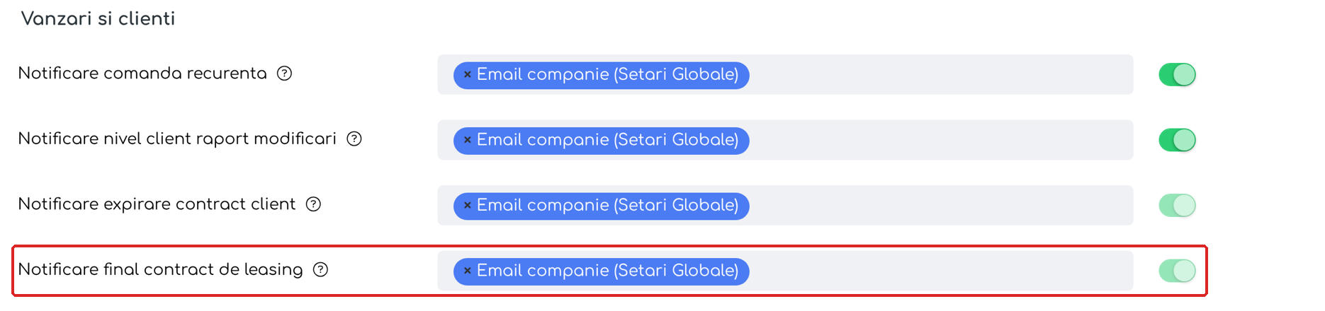 Destinatarii avertizării de final de leasing, în Preferințe notificări → Companie.
