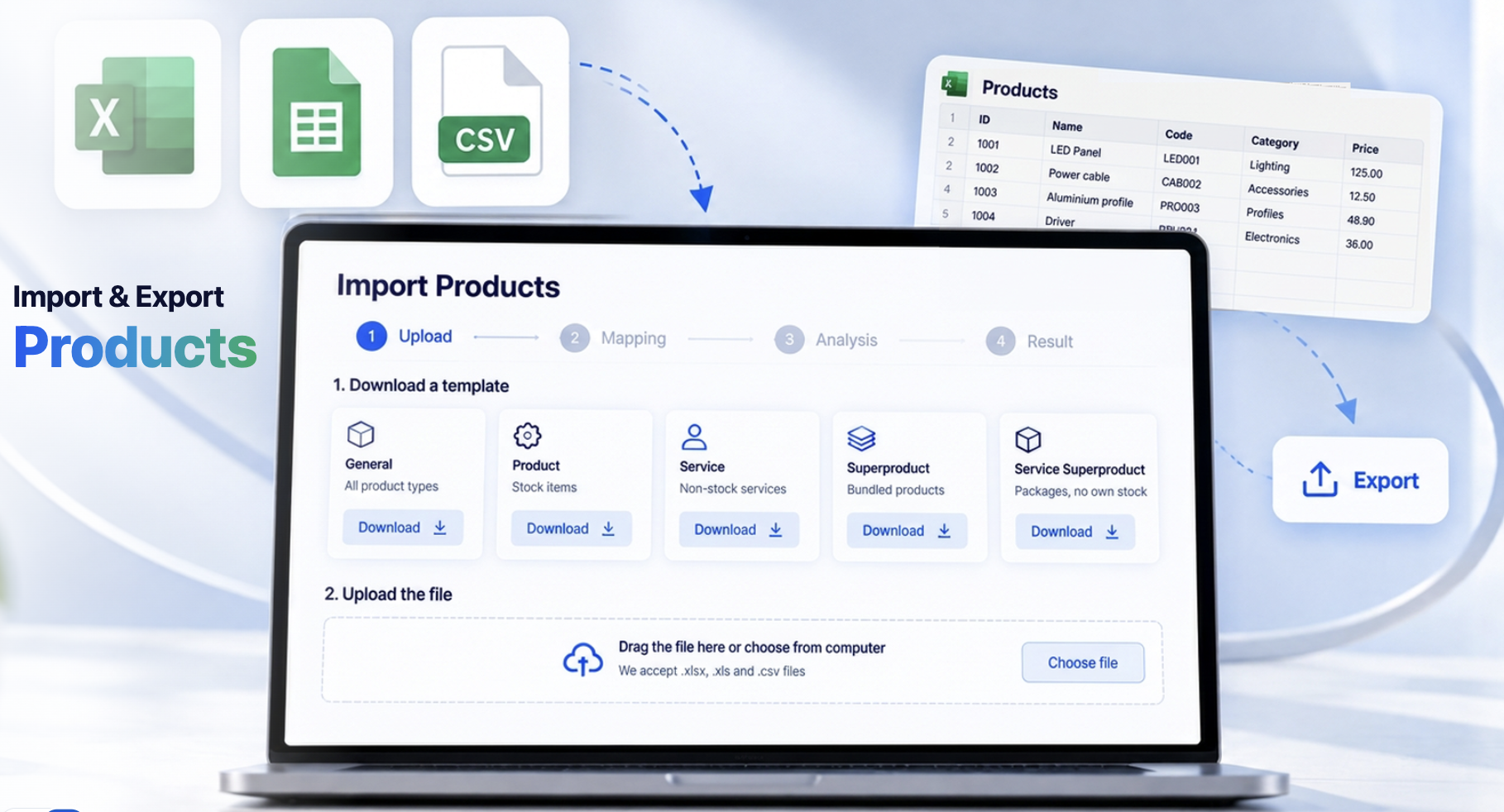 Import & Export Products — the file import page and the product list export