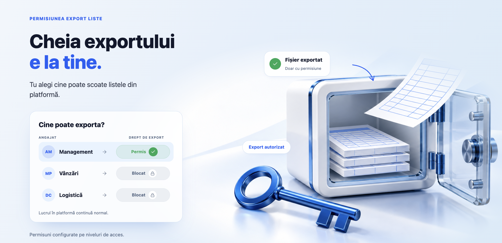 Permisiunea Export Liste — doar angajații cu drept de export pot scoate listele din platformă