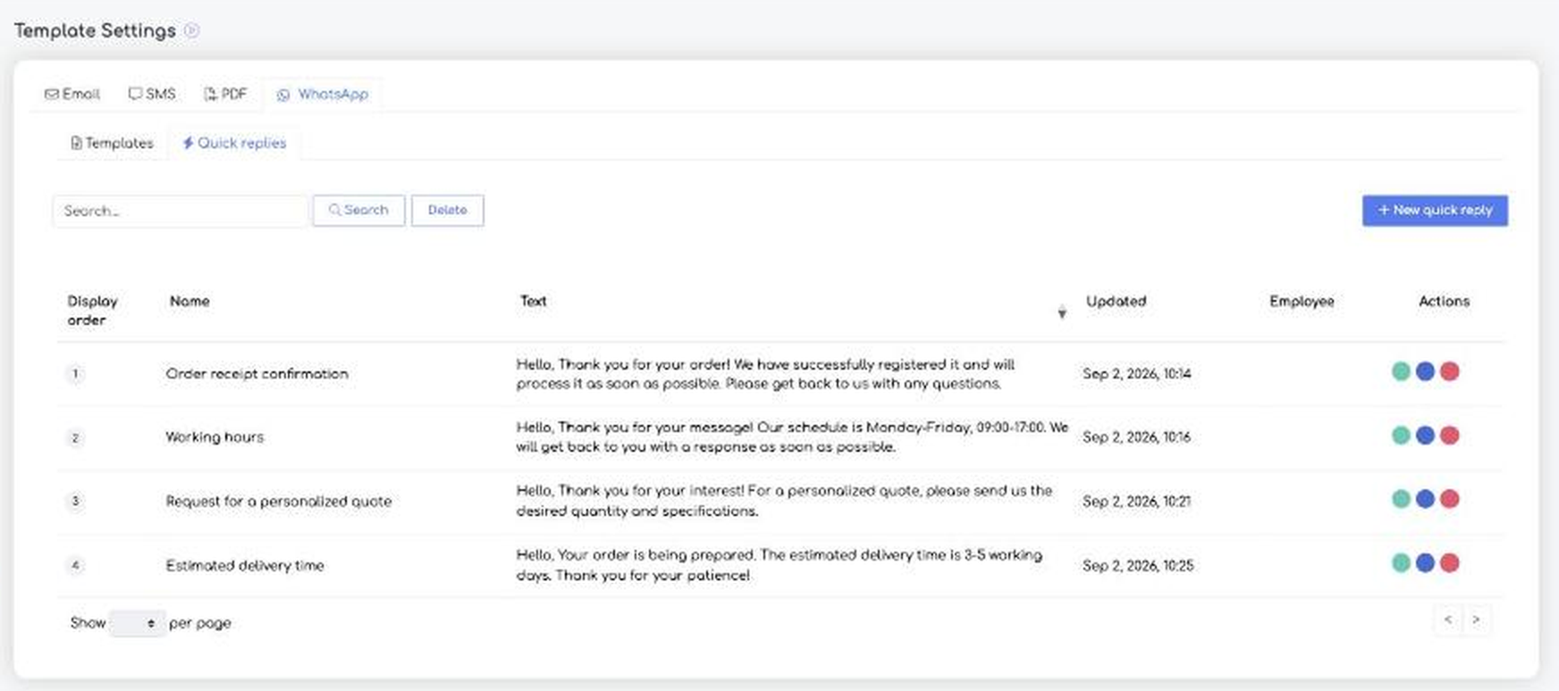 The Quick replies tab in Template Settings, with predefined reply texts